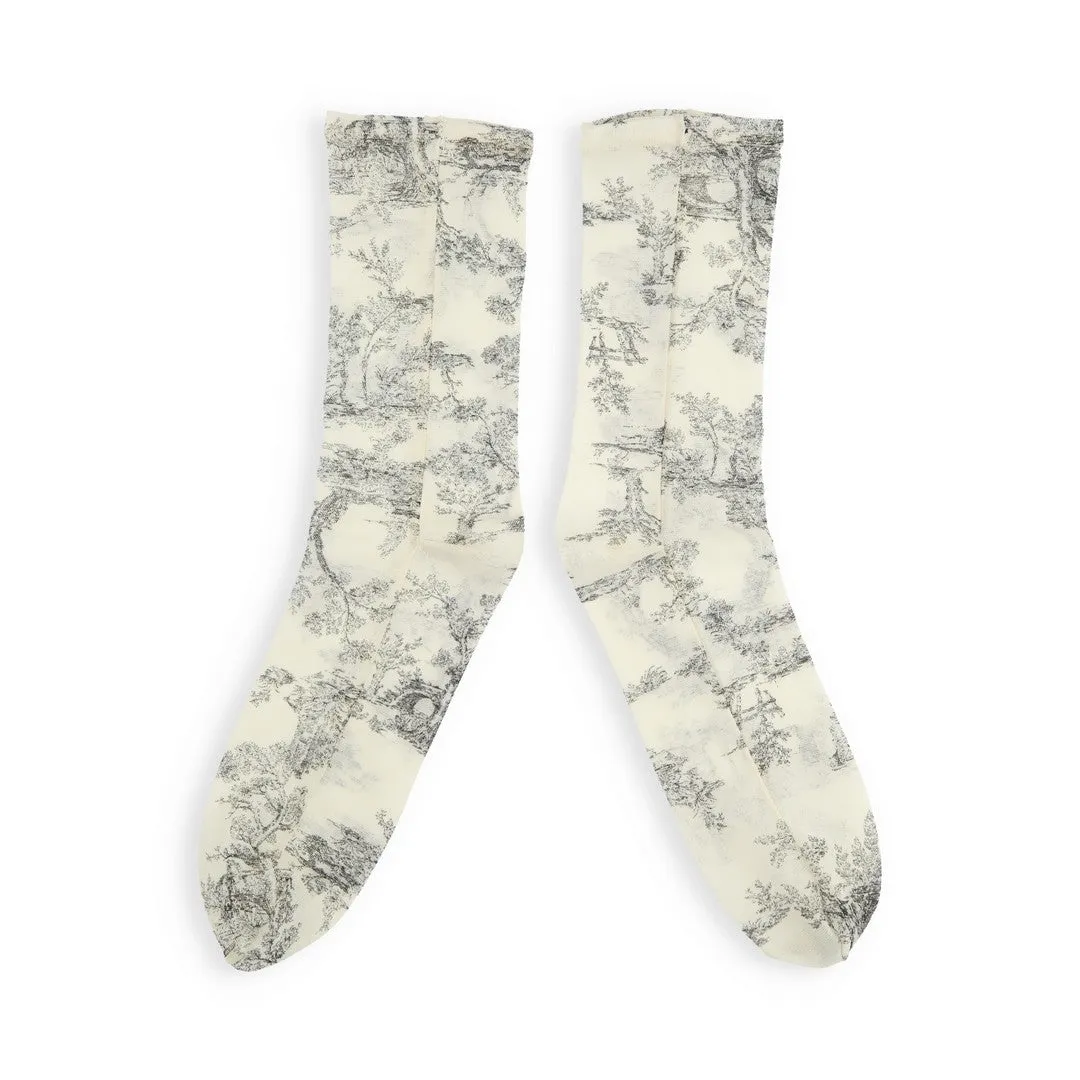 011141422 Sheer Toile de Jouy Crew Socks