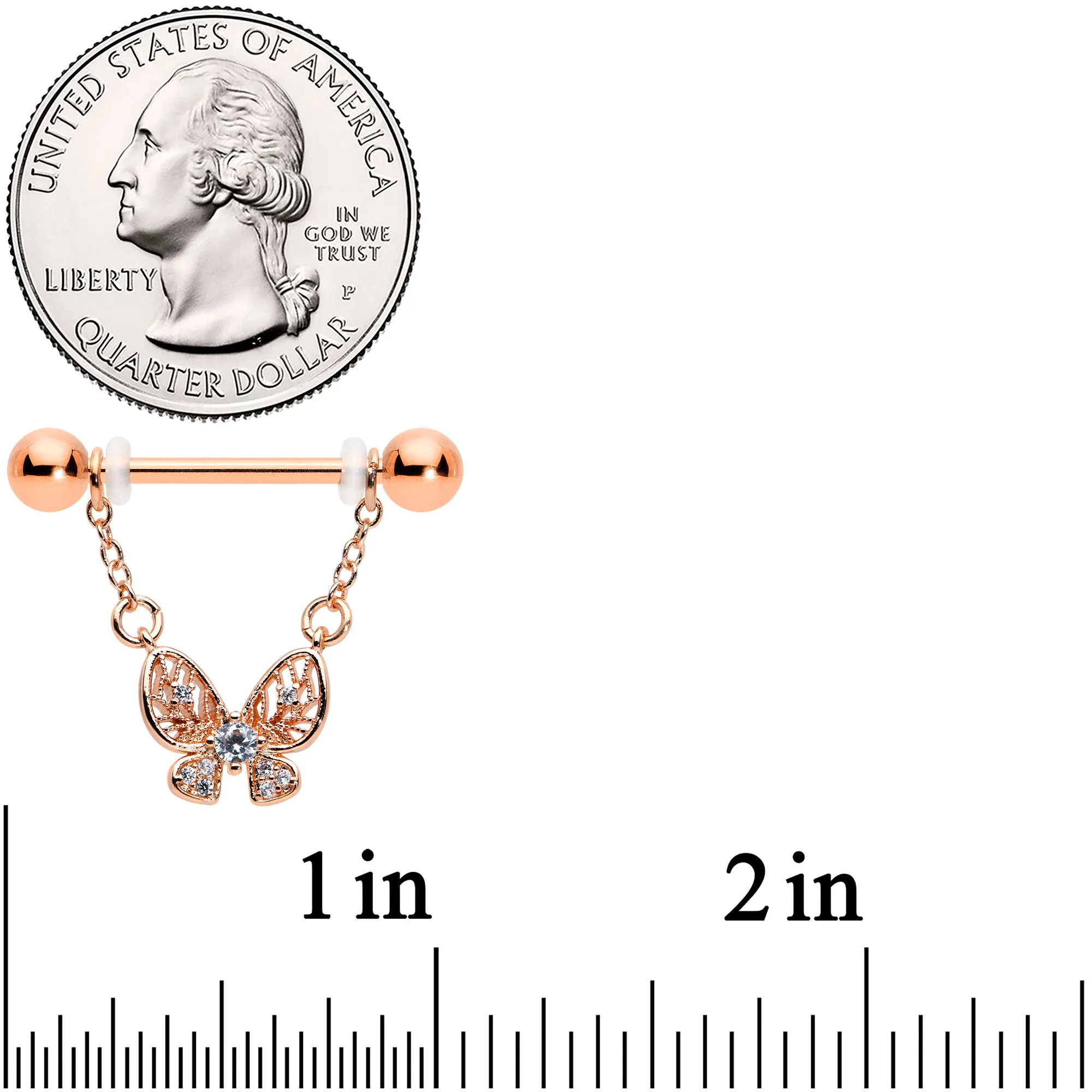 14 Gauge 5/8 Clear Gem Rosy Tone Airy Butterfly Dangle Nipple Ring Set