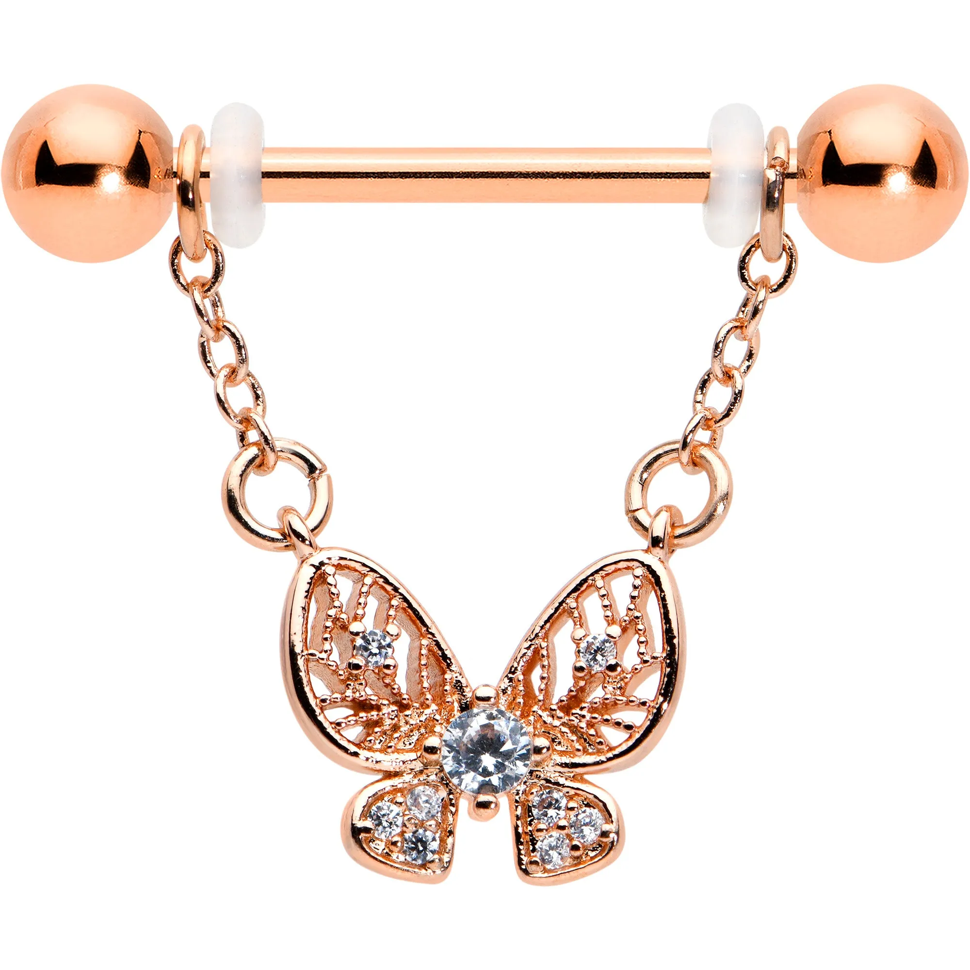 14 Gauge 5/8 Clear Gem Rosy Tone Airy Butterfly Dangle Nipple Ring Set