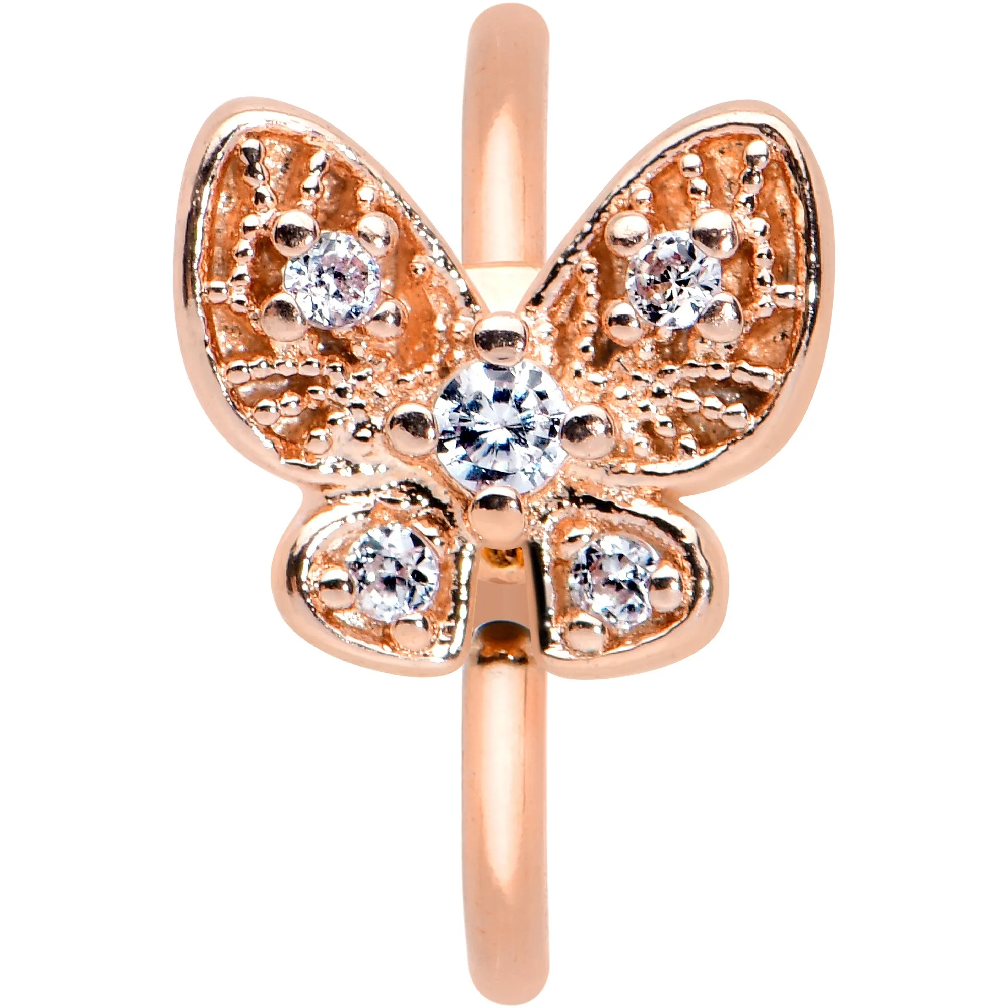 20 Gauge 5/16 Clear Gem Rose Gold Tone Airy Butterfly Nose Hoop