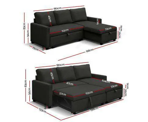 3 Seater Fabric Sofa Bed with Storage - Charcoal