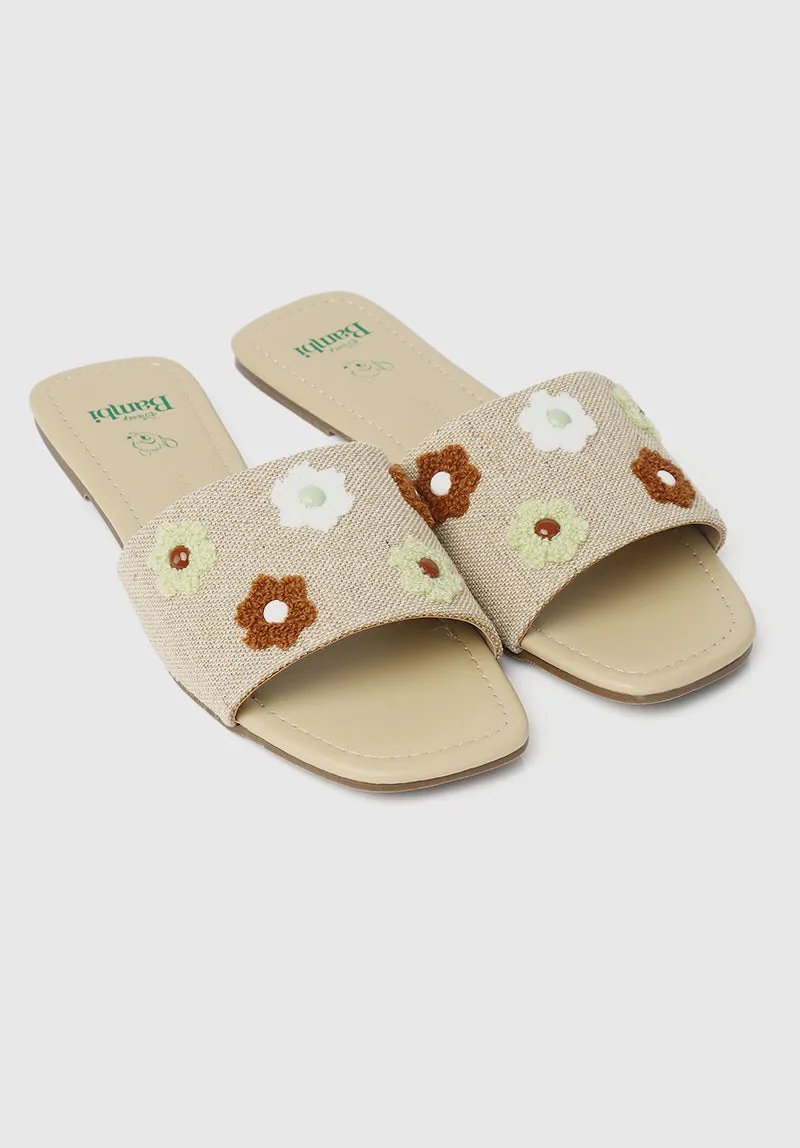 A Floral Tale Open Toe Sandals & Flip Flops (Tan)