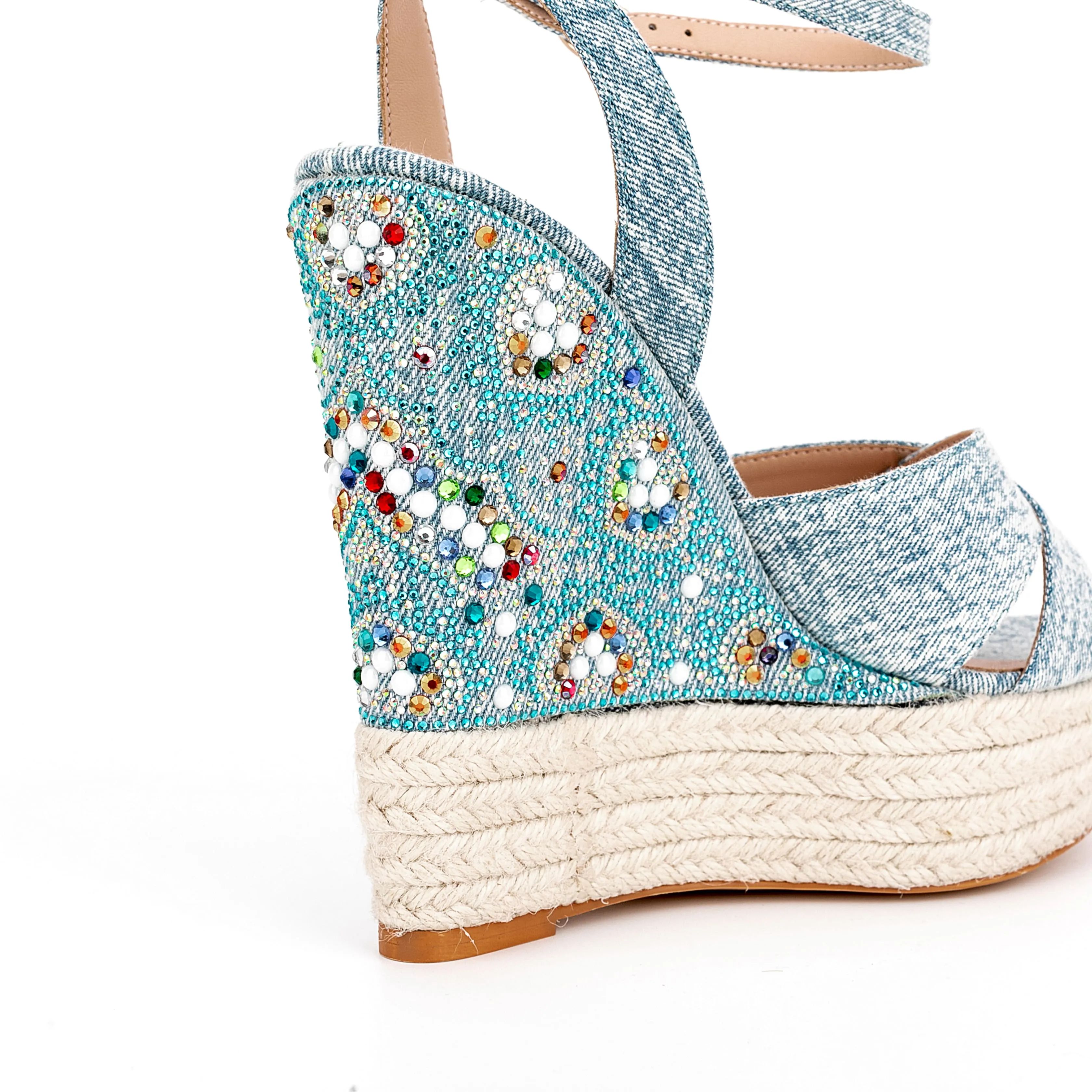 Ankle Strap Denim Rhinestone Wedge Espadrille Sandals