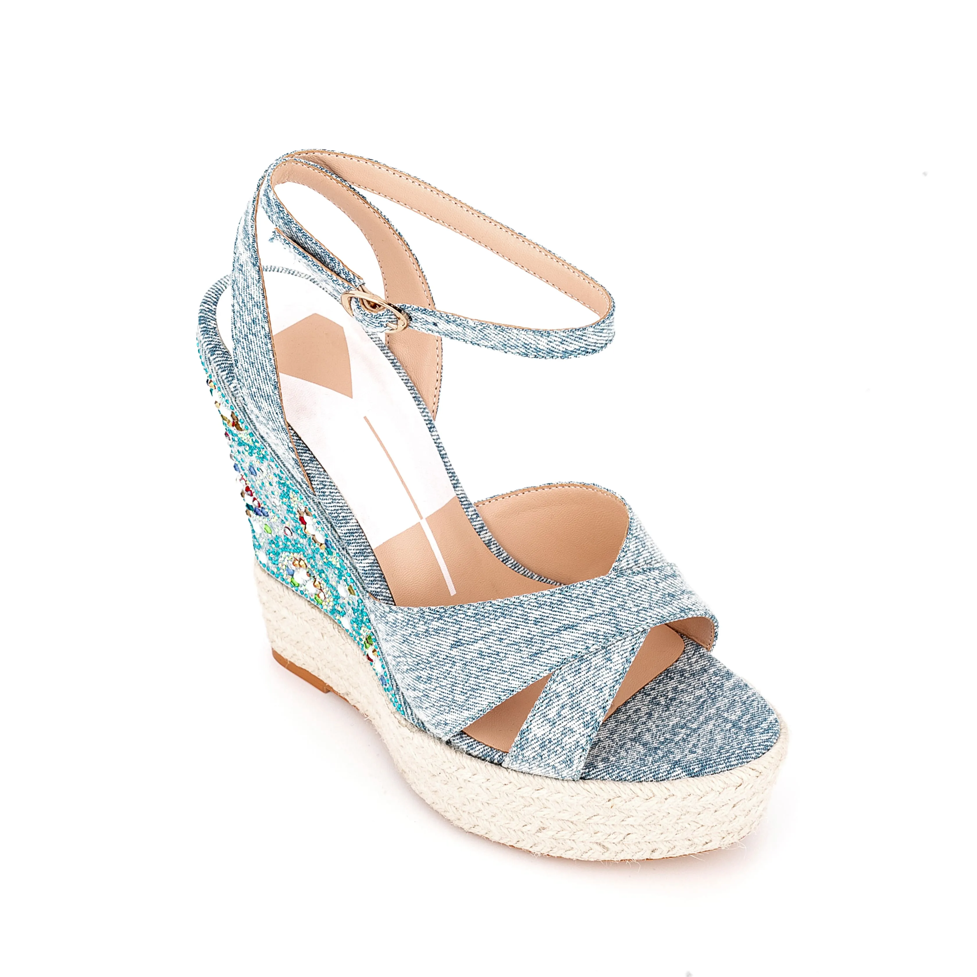 Ankle Strap Denim Rhinestone Wedge Espadrille Sandals