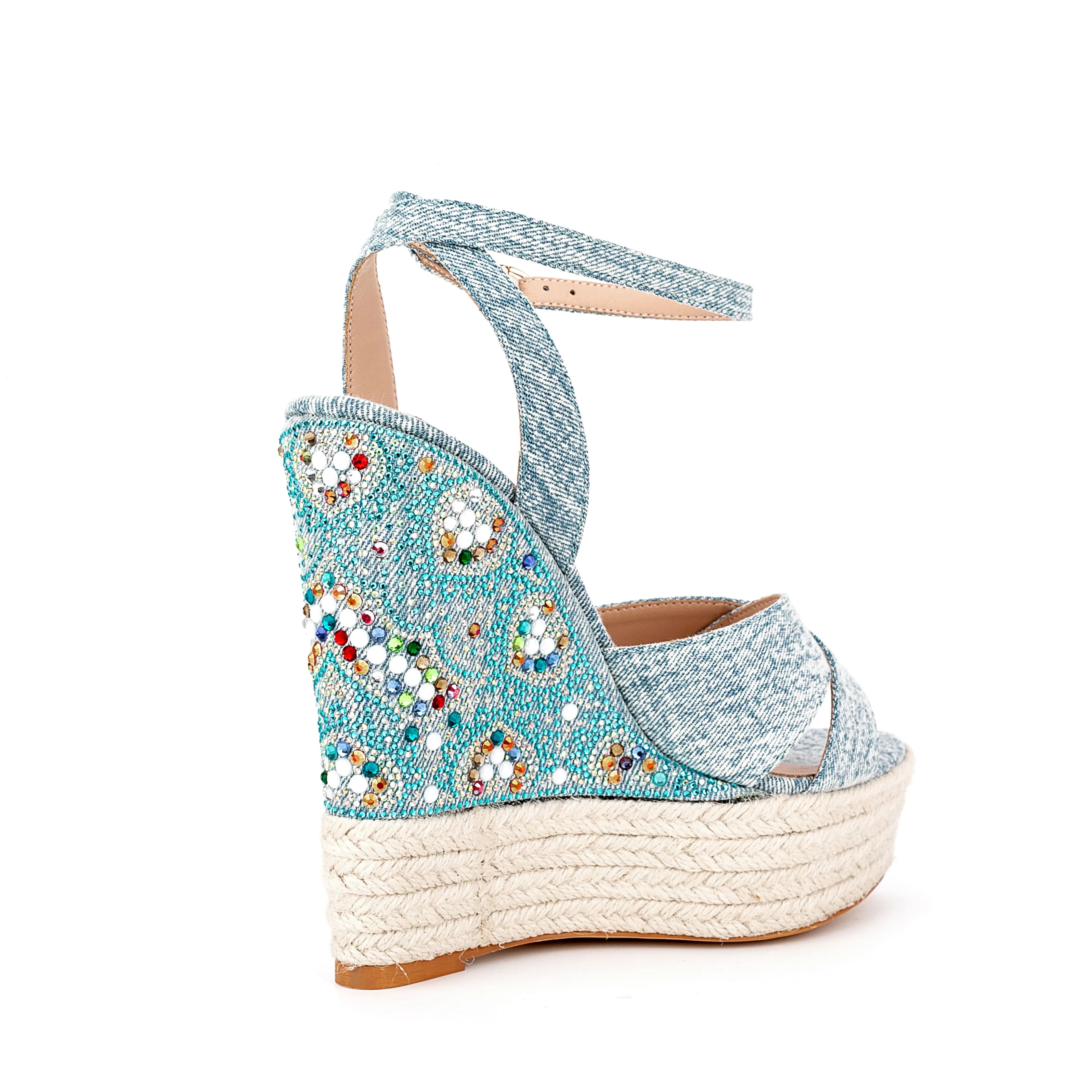 Ankle Strap Denim Rhinestone Wedge Espadrille Sandals