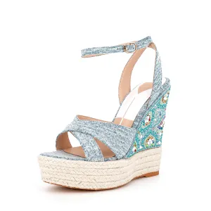 Ankle Strap Denim Rhinestone Wedge Espadrille Sandals