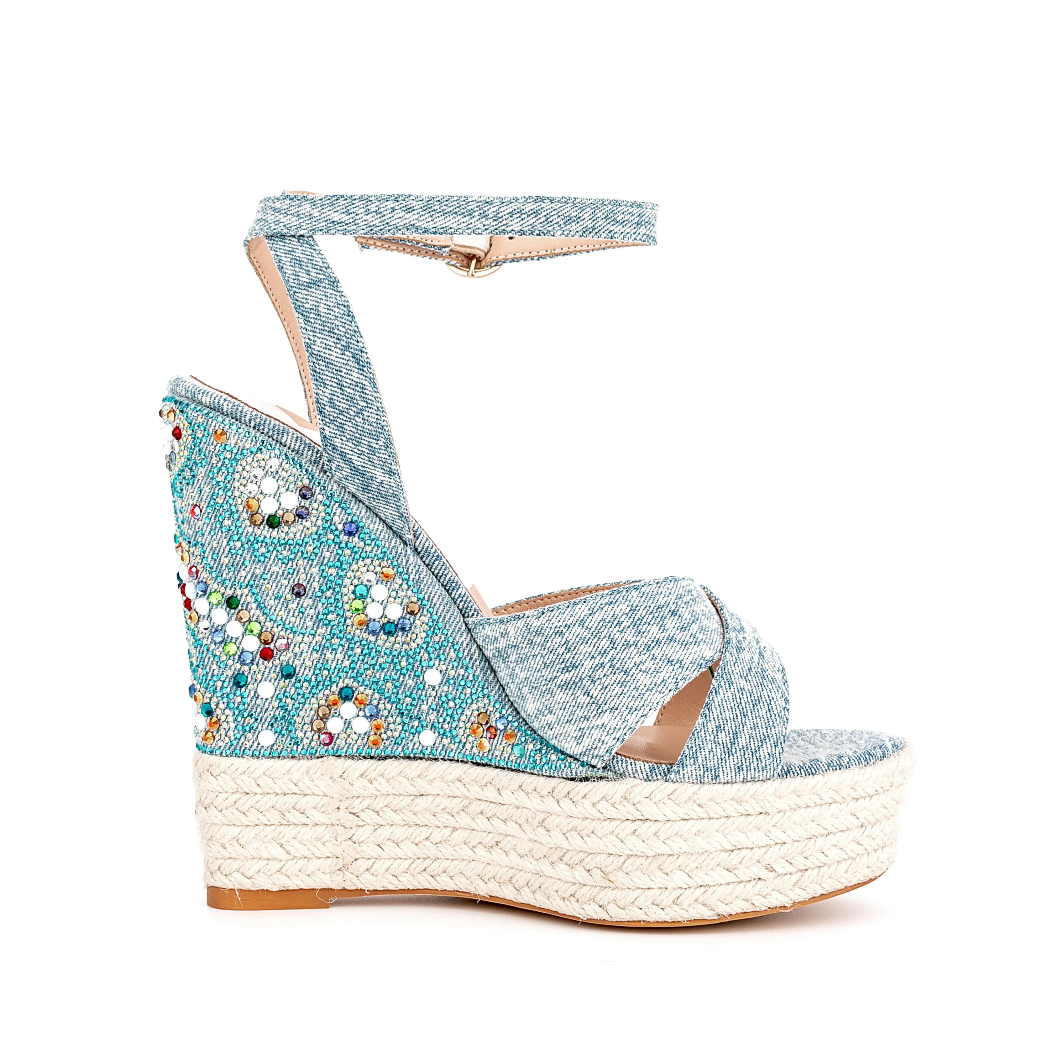 Ankle Strap Denim Rhinestone Wedge Espadrille Sandals