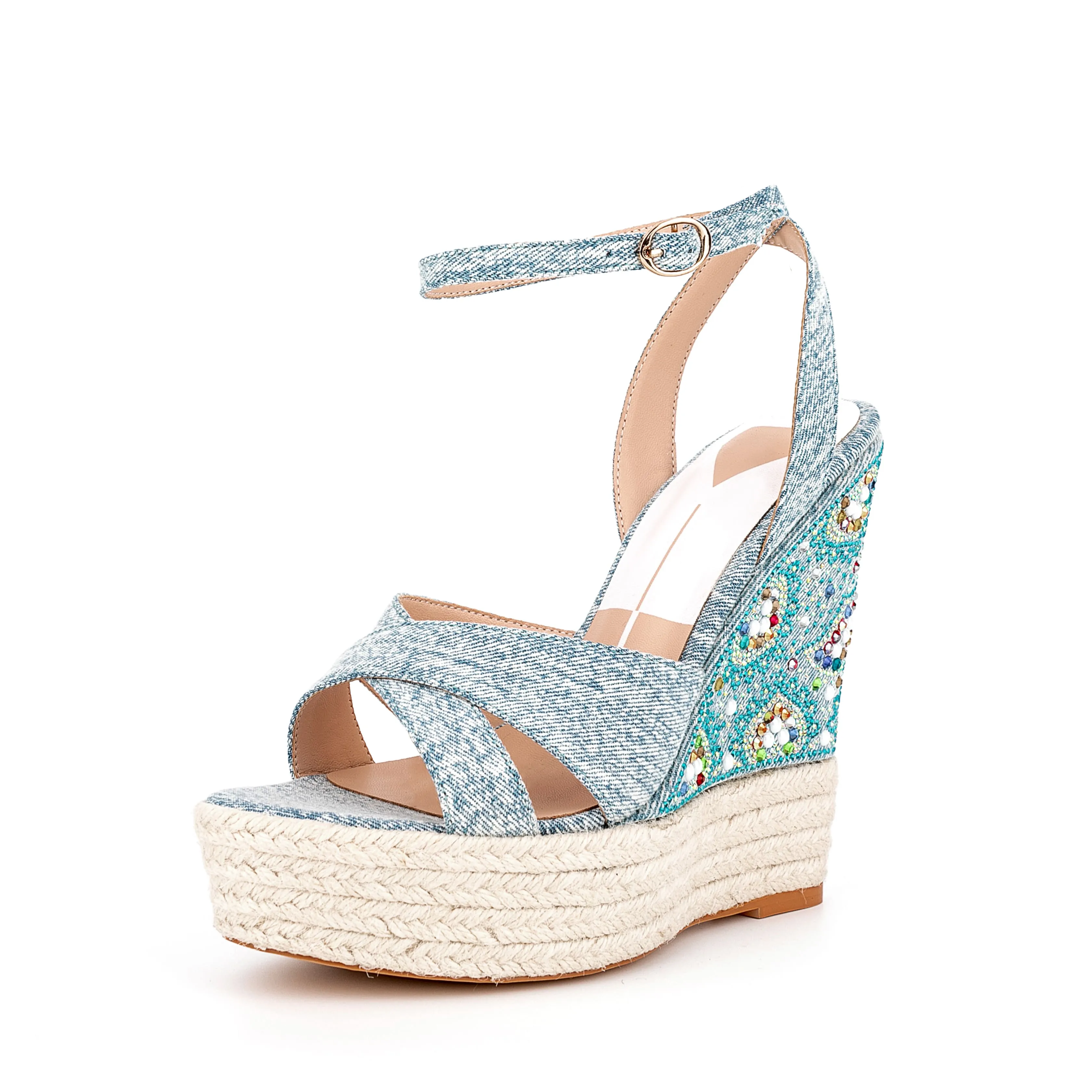 Ankle Strap Denim Rhinestone Wedge Espadrille Sandals