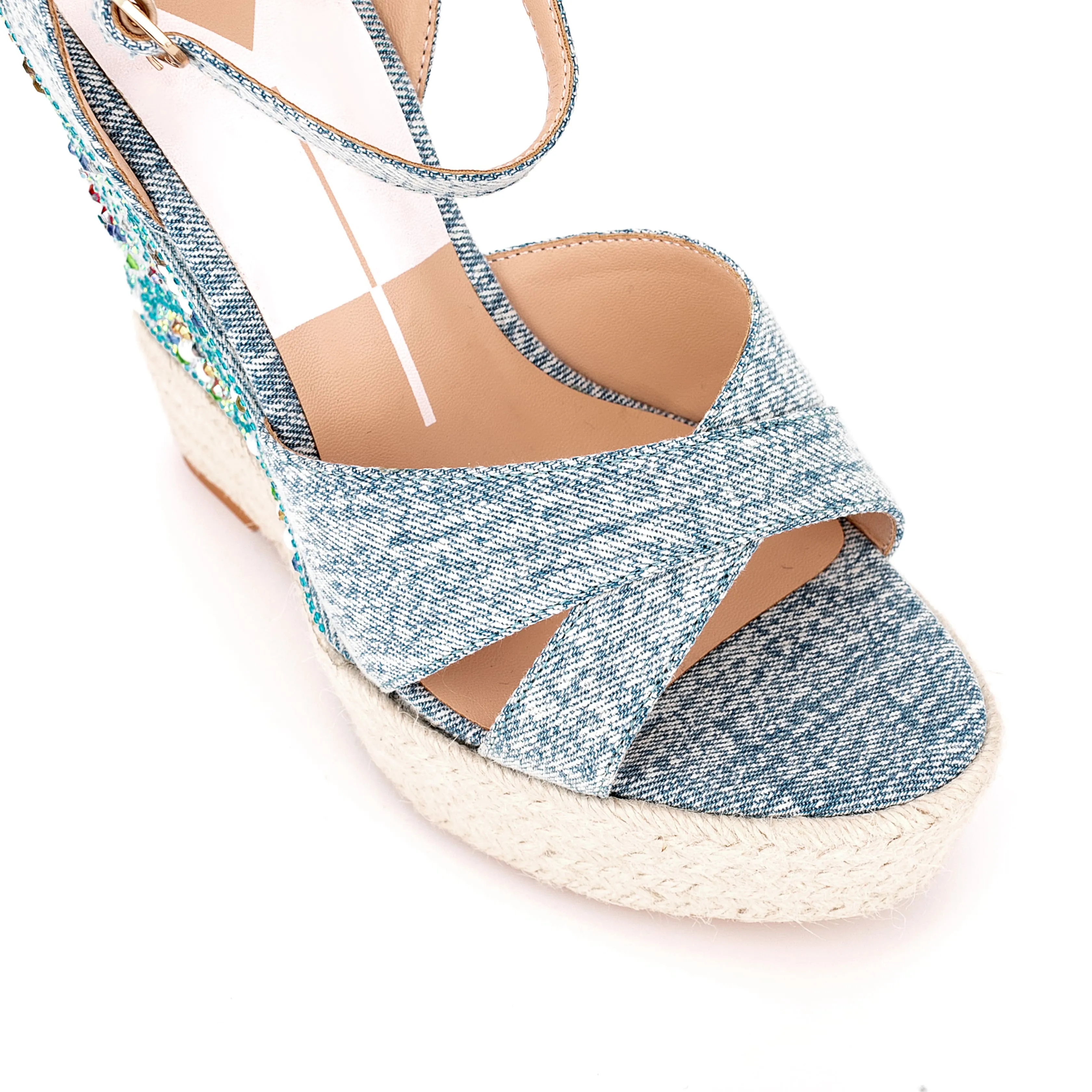 Ankle Strap Denim Rhinestone Wedge Espadrille Sandals