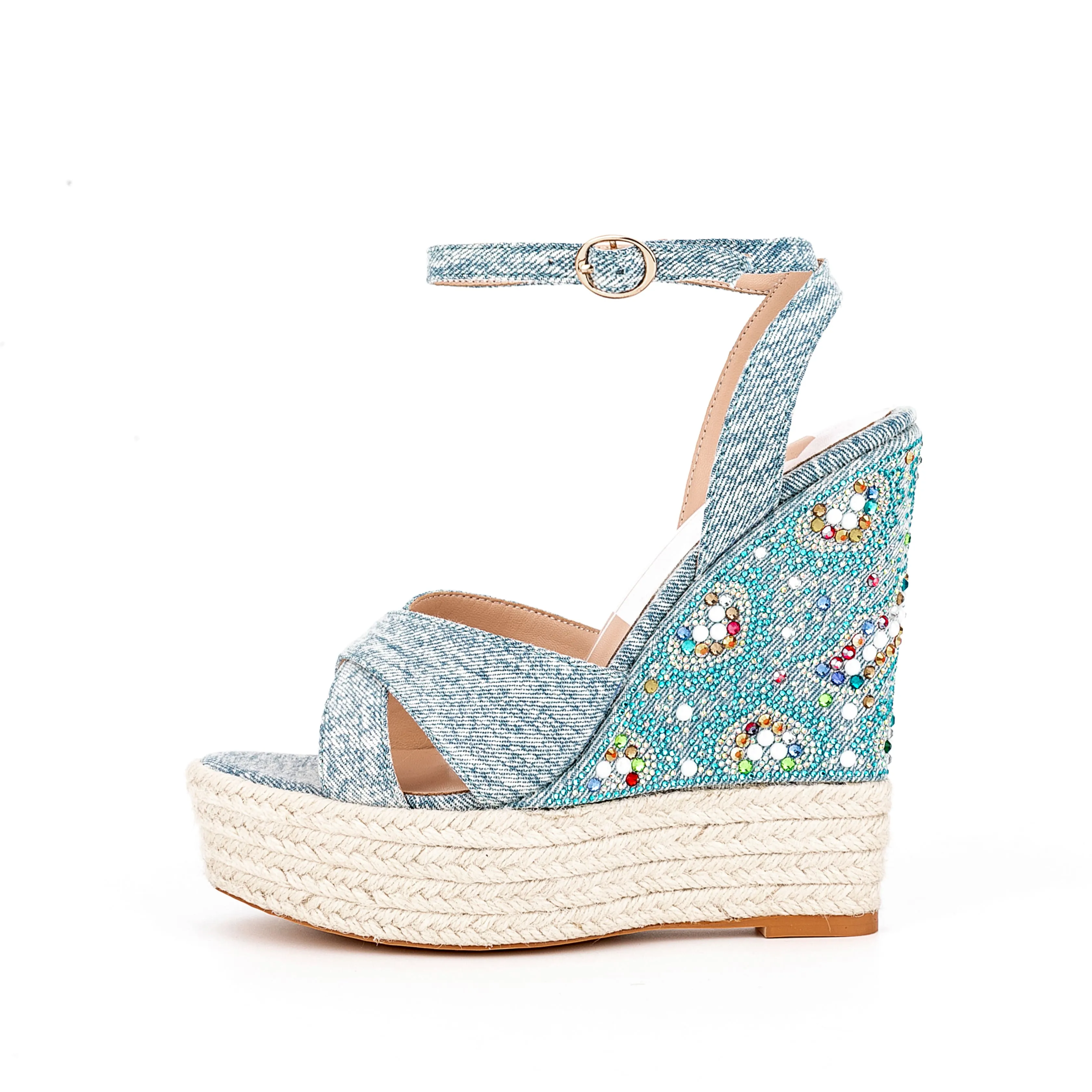 Ankle Strap Denim Rhinestone Wedge Espadrille Sandals
