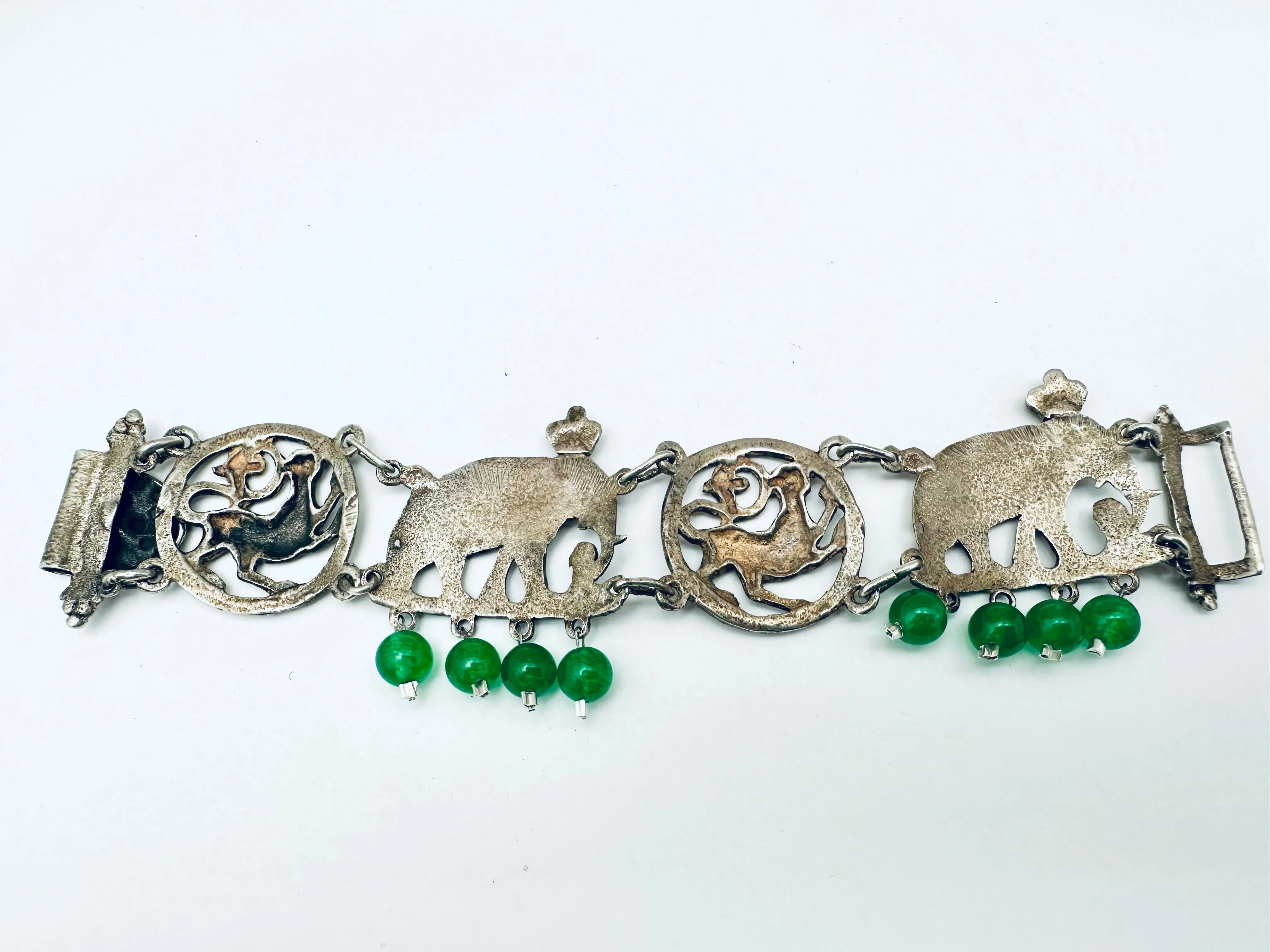 Antique Silver Elephants Jade Bracelet