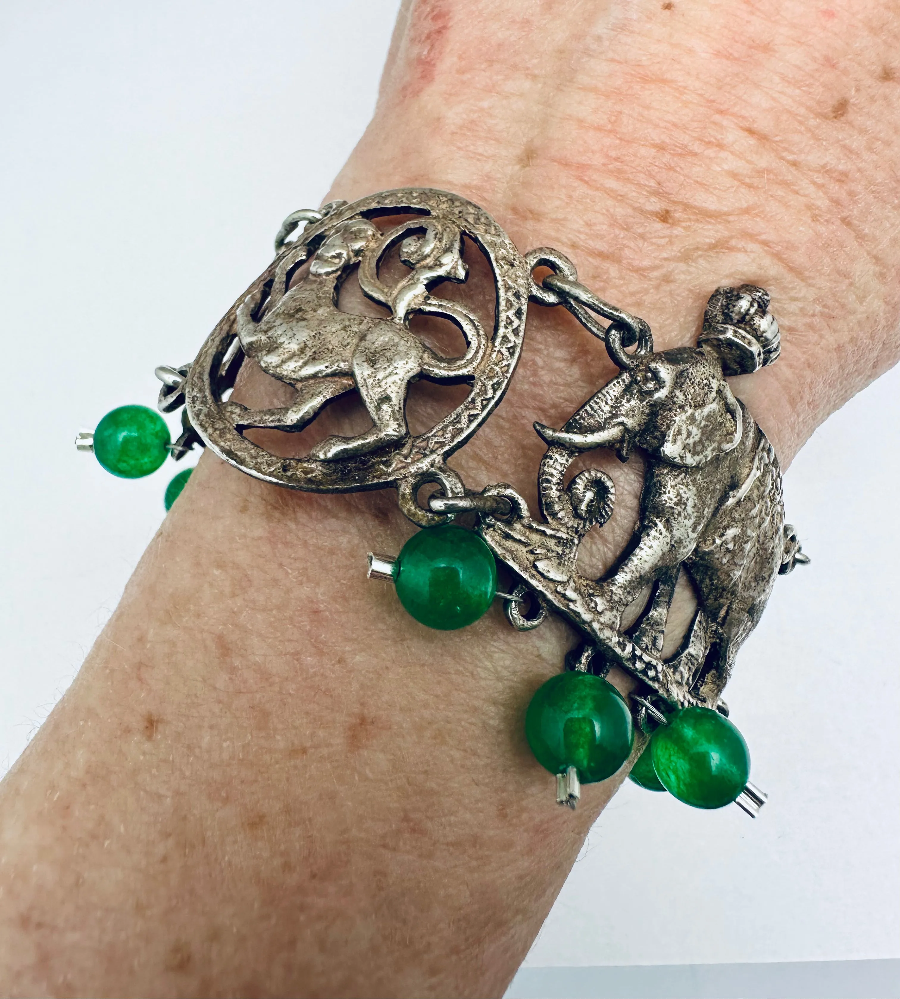 Antique Silver Elephants Jade Bracelet