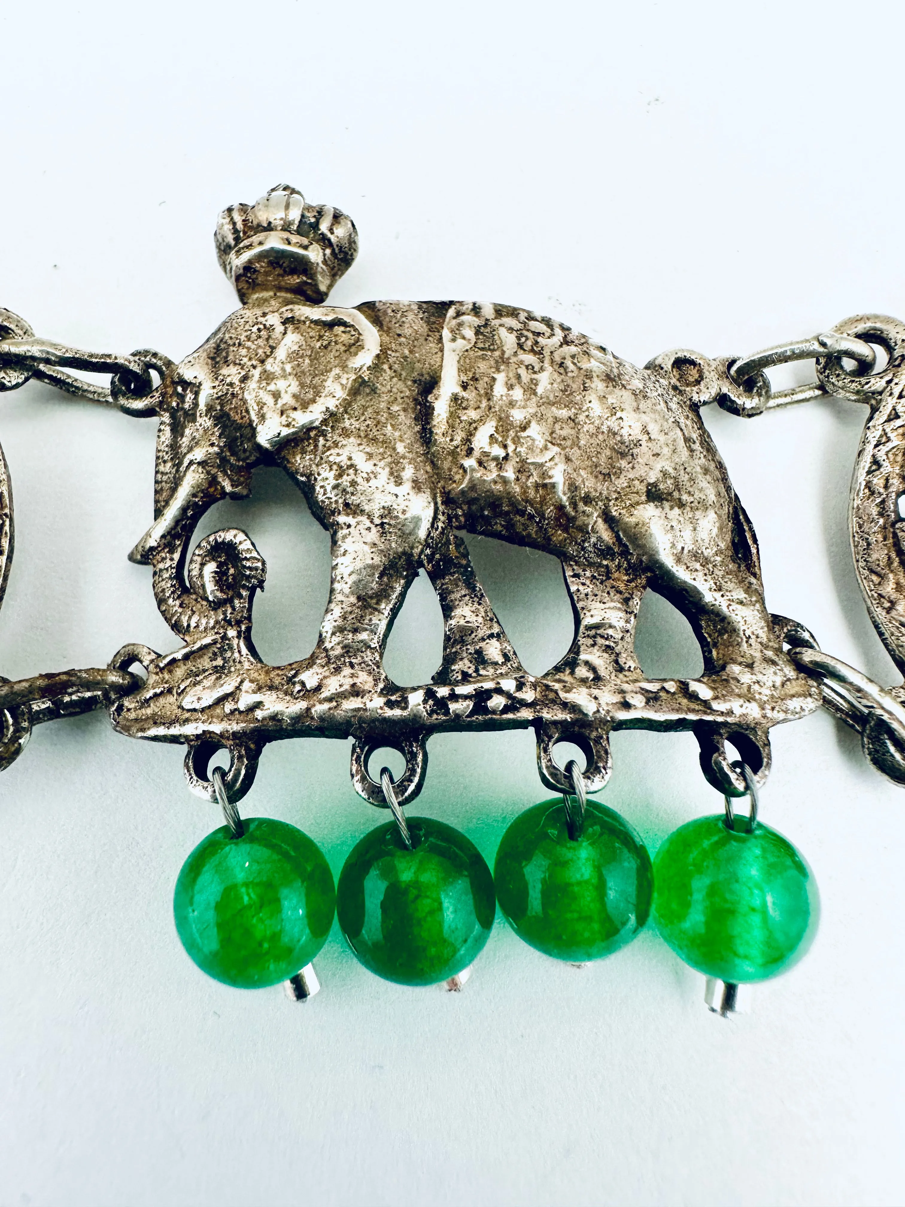 Antique Silver Elephants Jade Bracelet