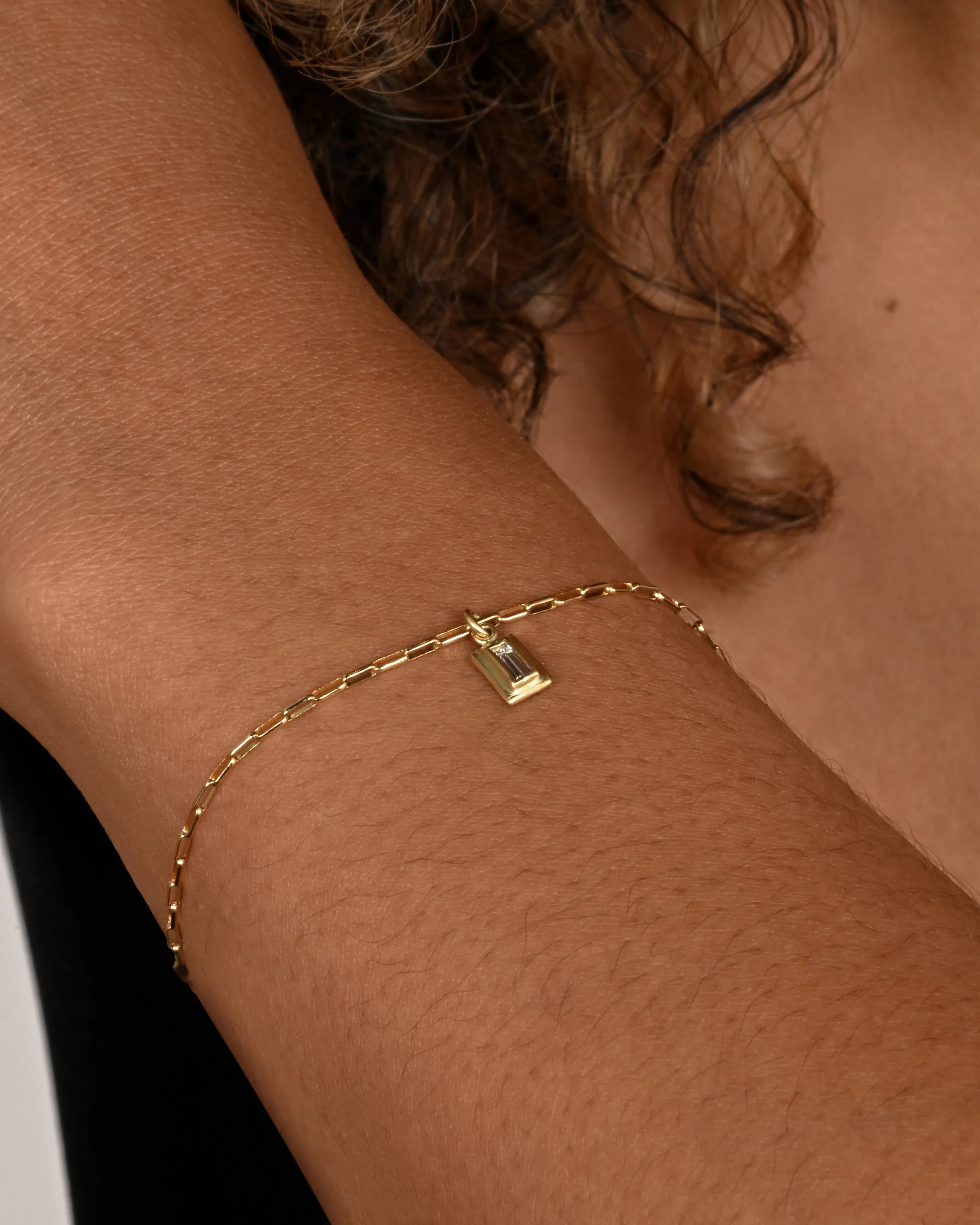 Baguette Diamond Charm Rolo Chain Bracelet