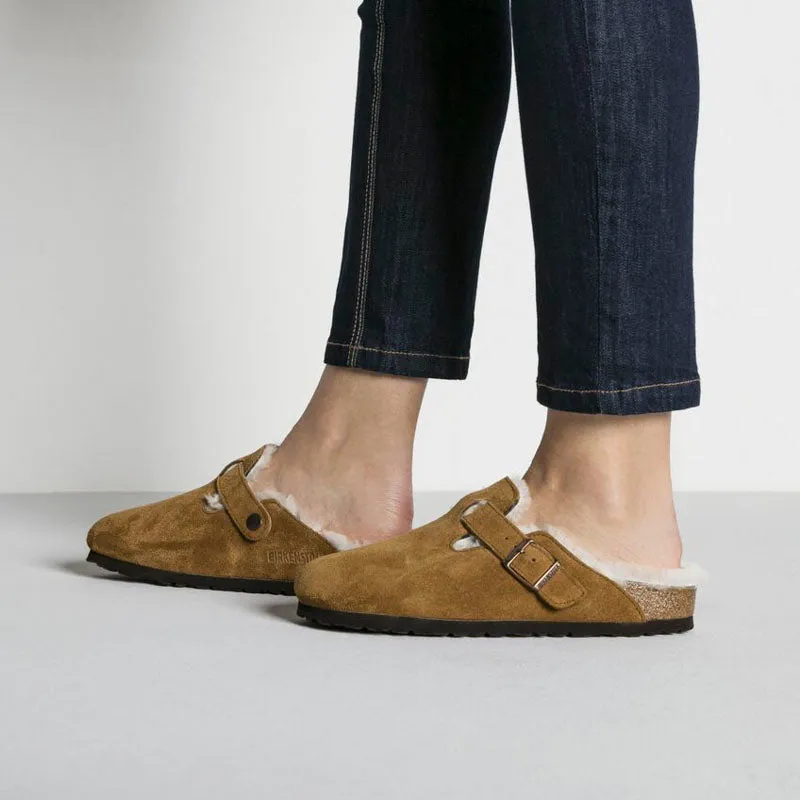 BIRKENSTOCK Boston Shearling Suede Leather Sandals in Mink