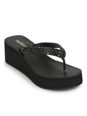 Black PU Shimmer Knitted Strap Slip On Wedges