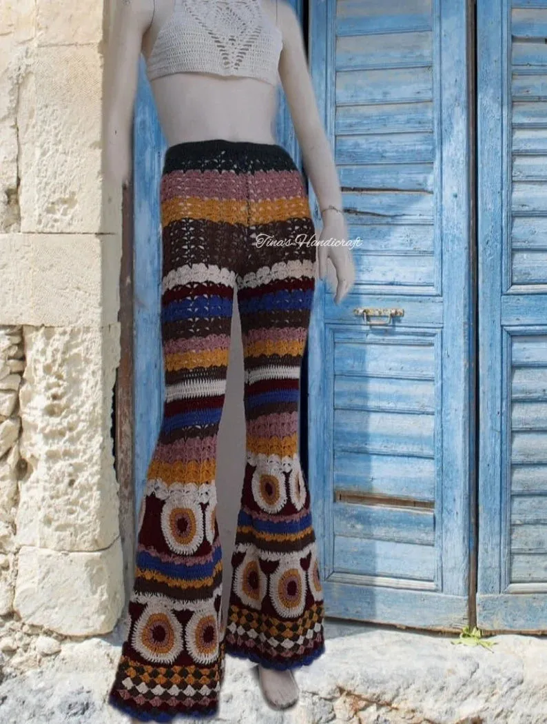 Bo ho pants with circular shape motifs,multicolor springs pants, gift ideas