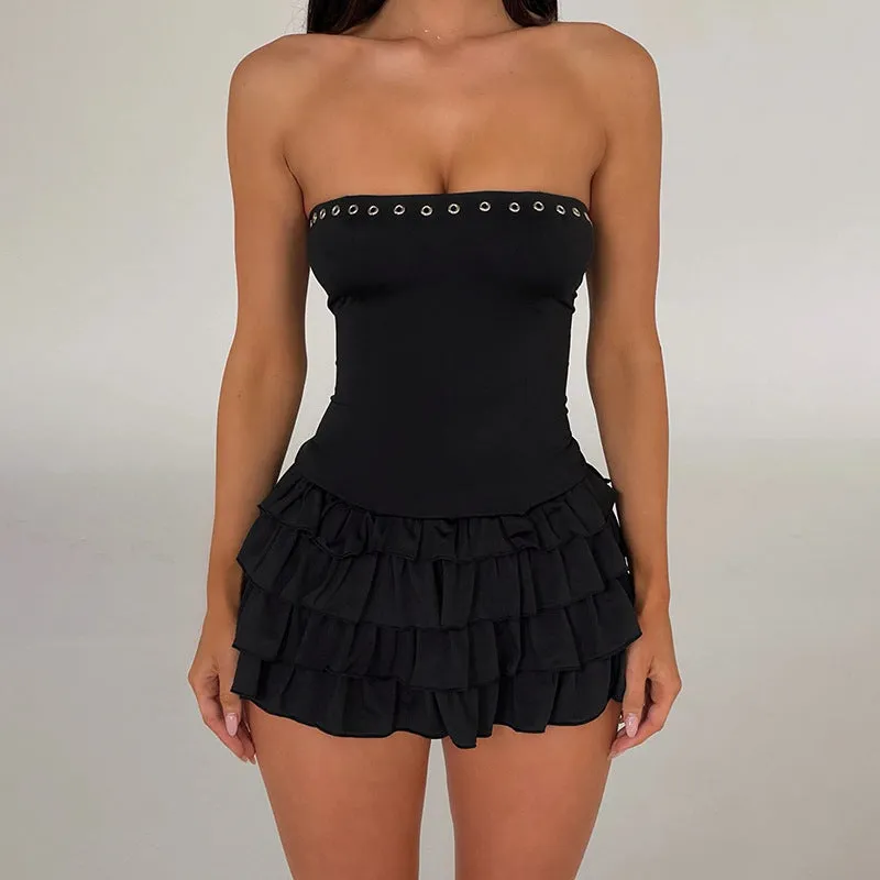 Bold Strapless Mini Dress with Low Back and Cascading Ruffles for a Chic, Sexy Look