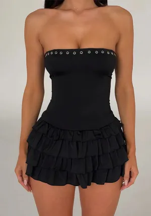 Bold Strapless Mini Dress with Low Back and Cascading Ruffles for a Chic, Sexy Look