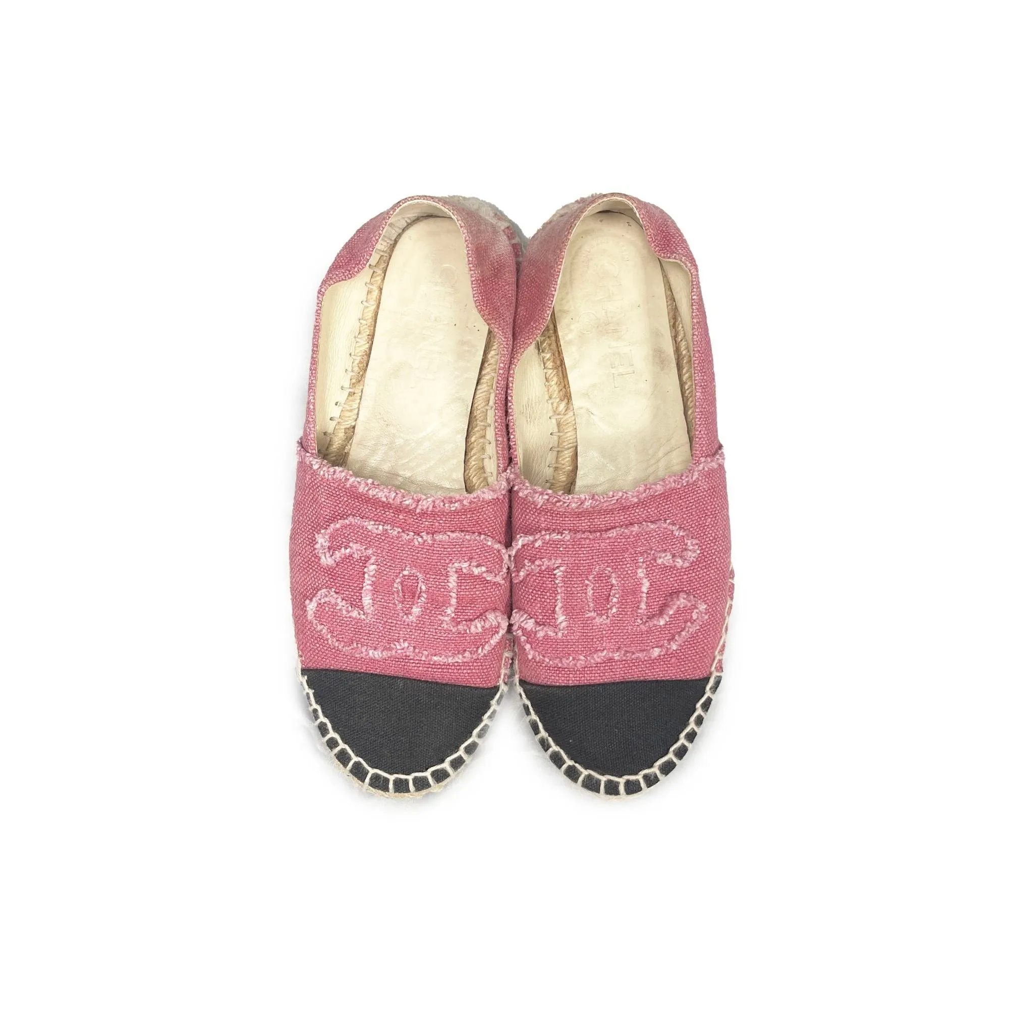 CHANEL CC Logo Linen Pink Black Espadrilles Flats Shoes 38
