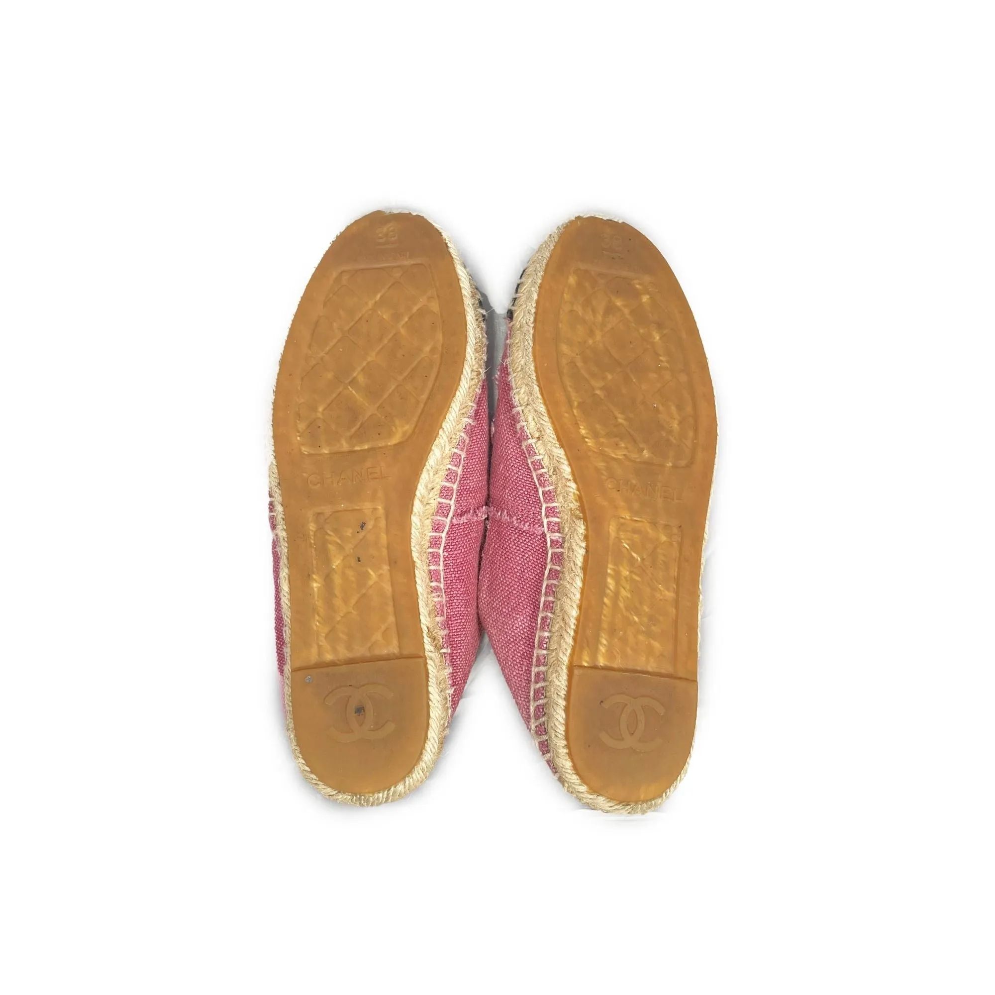 CHANEL CC Logo Linen Pink Black Espadrilles Flats Shoes 38