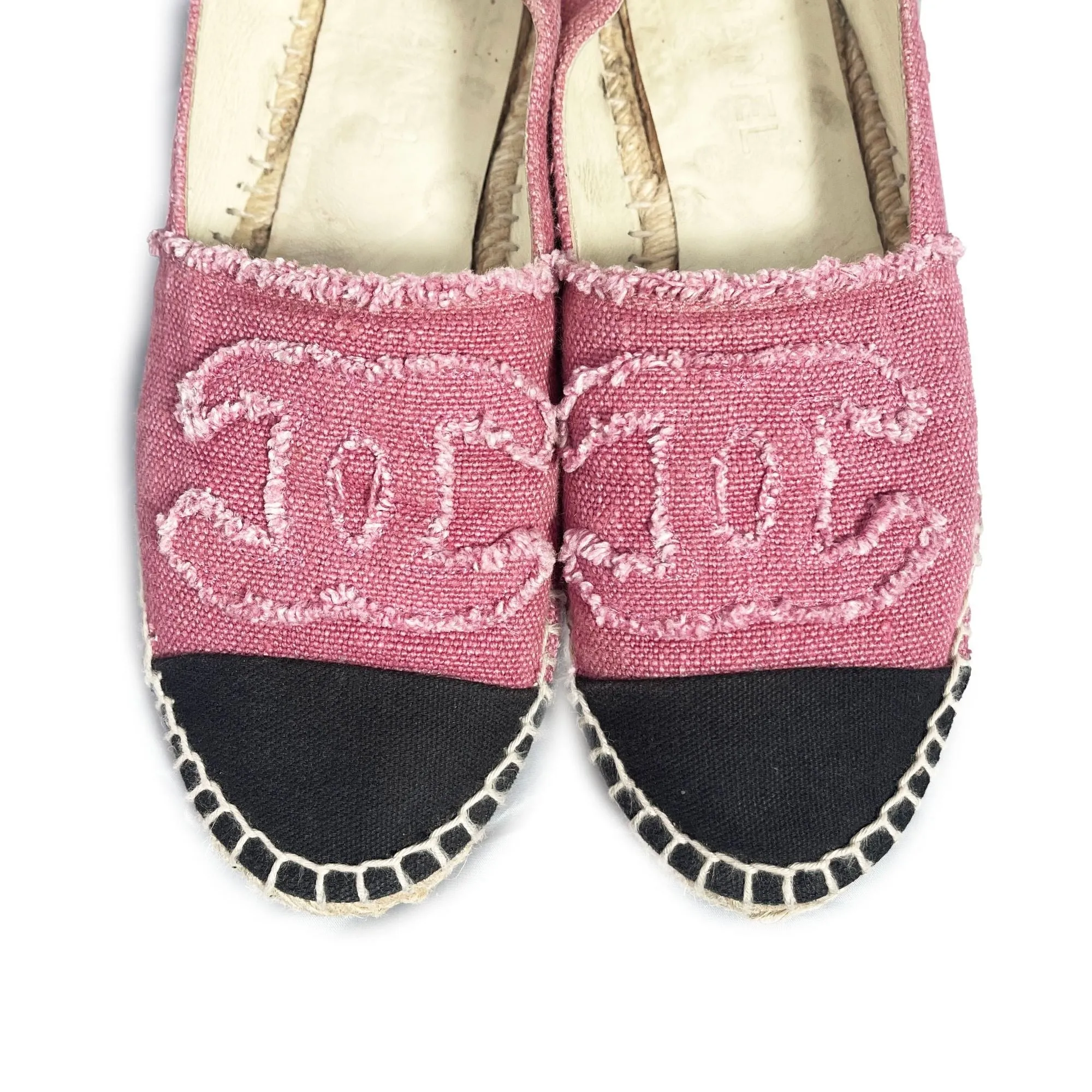 CHANEL CC Logo Linen Pink Black Espadrilles Flats Shoes 38