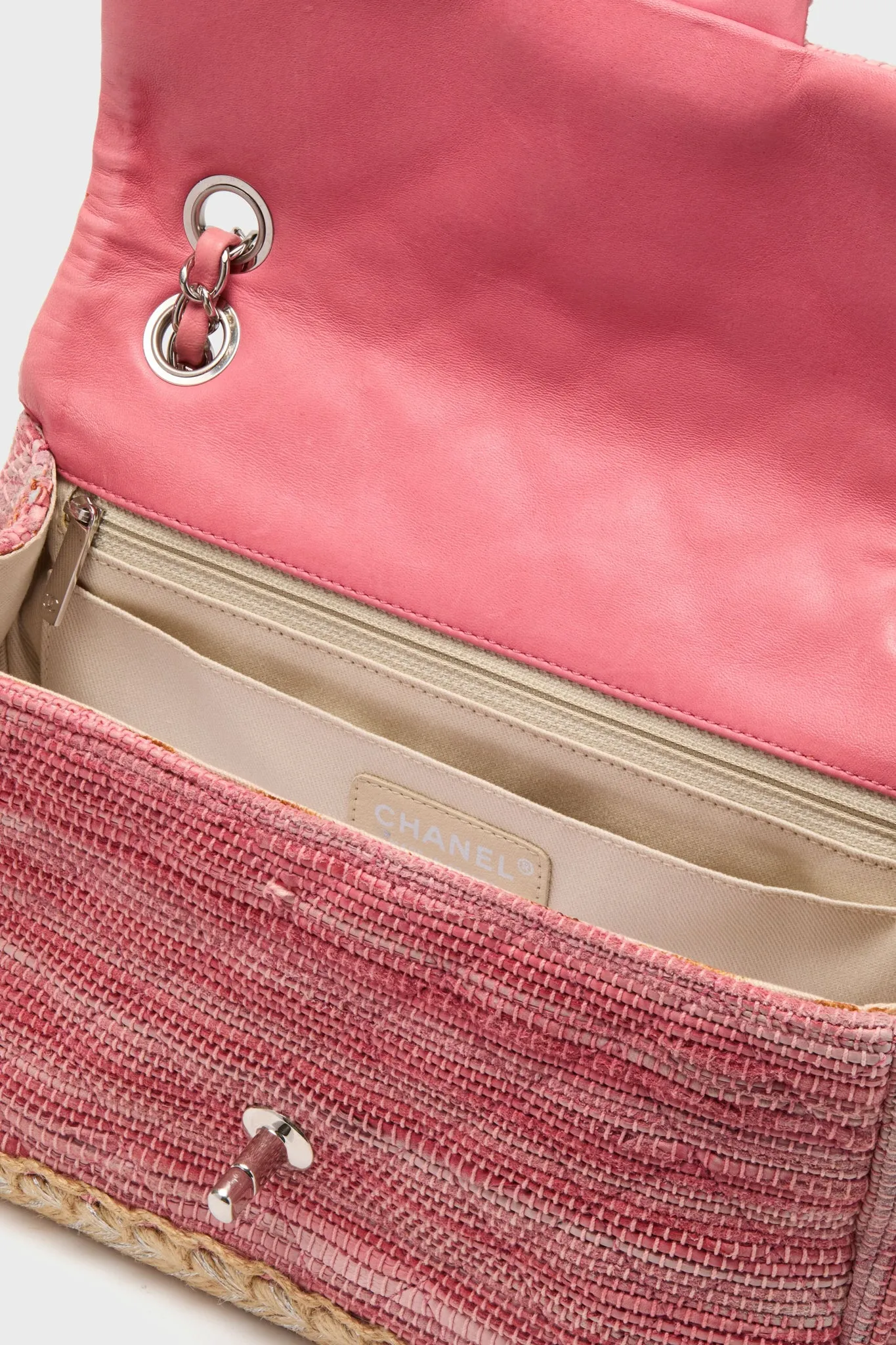 CHANEL Pink Classic Raffia Espadrille Flap Bag