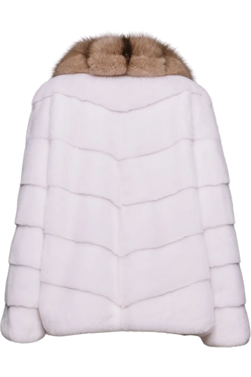 Chevron Snow White Mink Fur Jacket - Stone Marten Trim