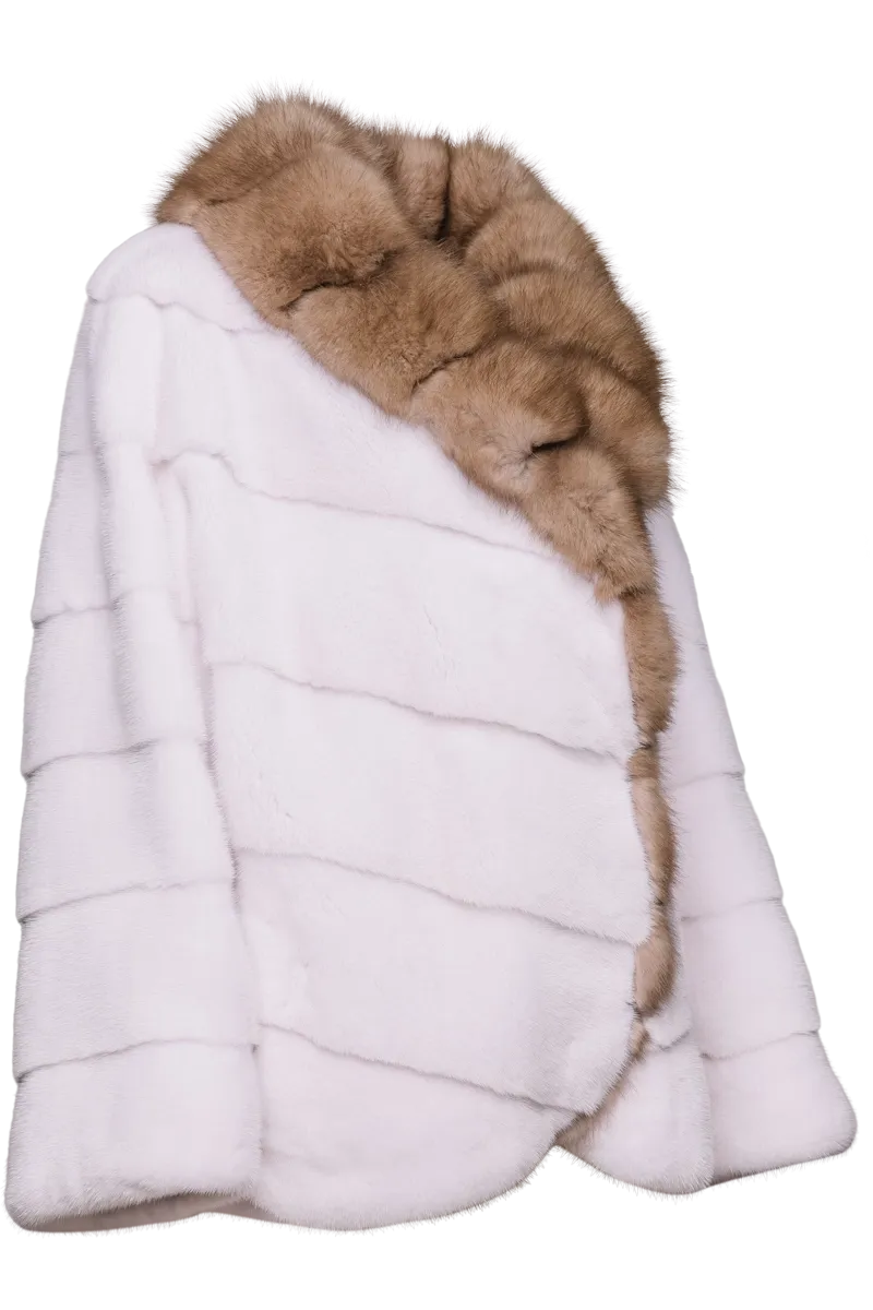 Chevron Snow White Mink Fur Jacket - Stone Marten Trim