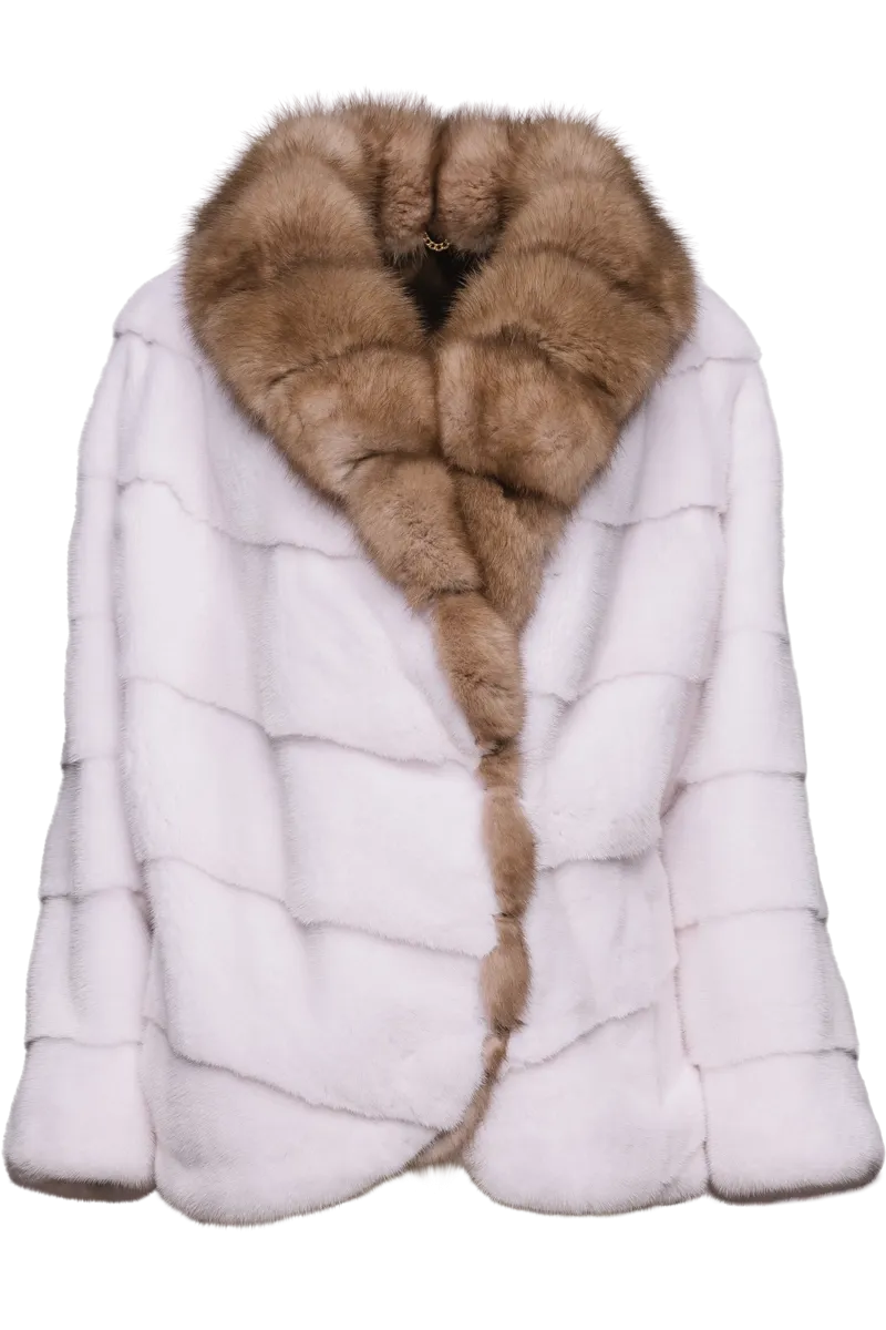 Chevron Snow White Mink Fur Jacket - Stone Marten Trim