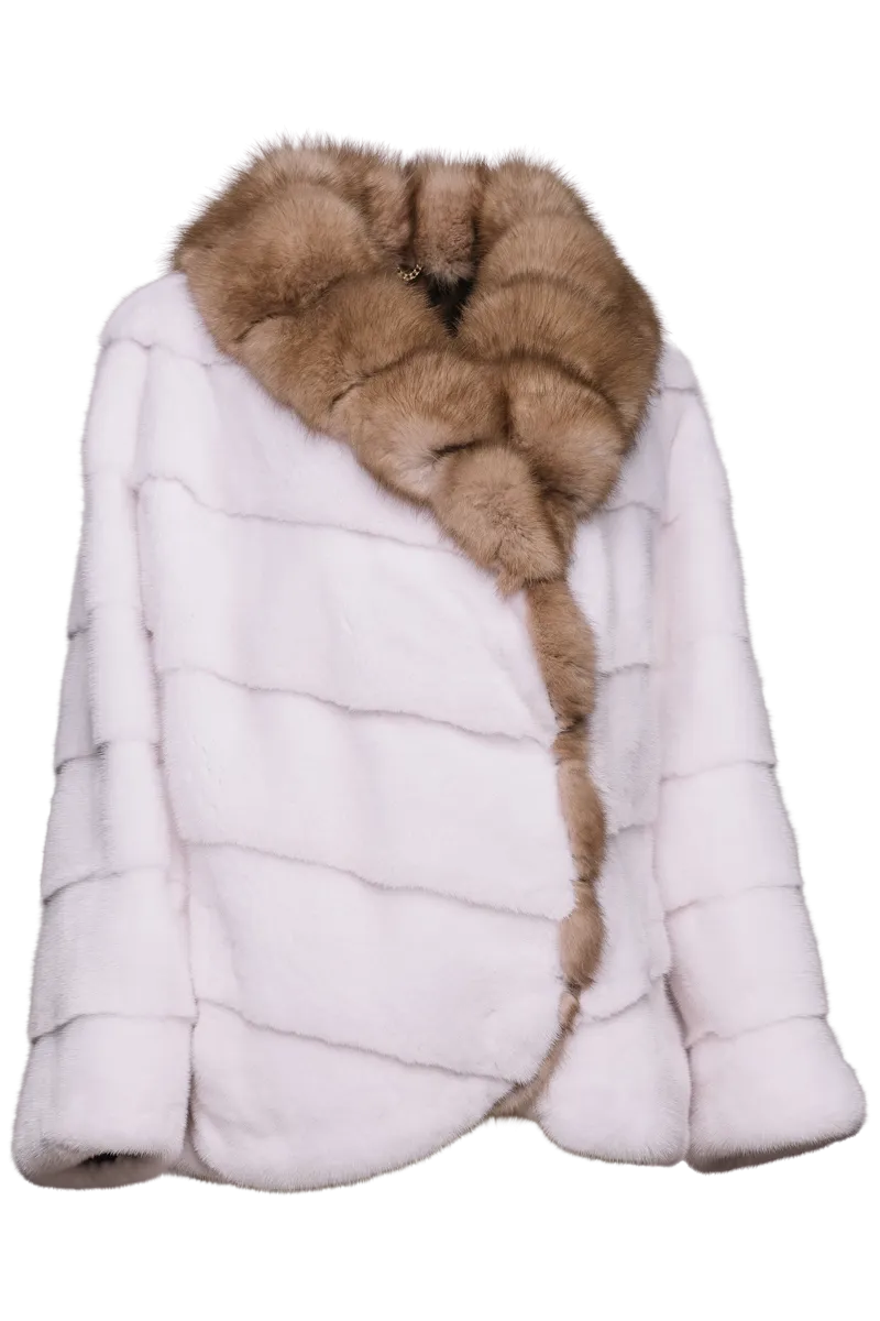 Chevron Snow White Mink Fur Jacket - Stone Marten Trim