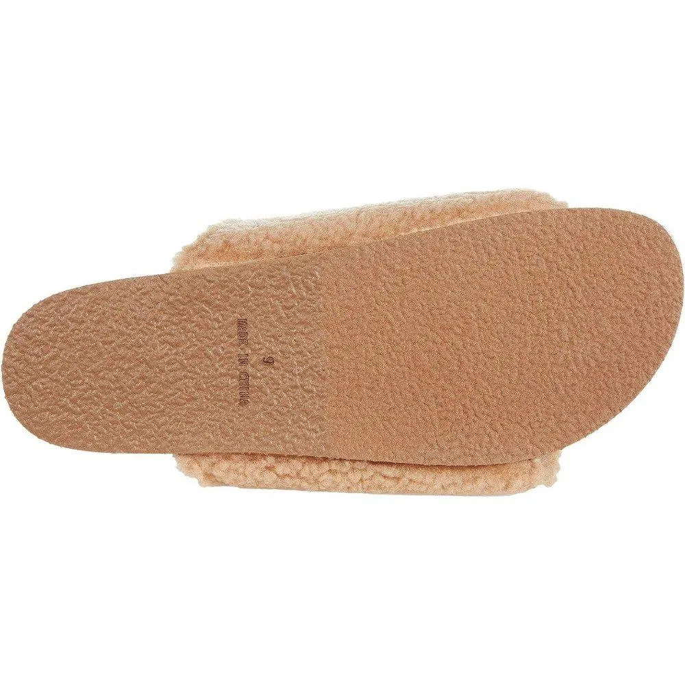 Connected Tan Cozy Buckle Slides