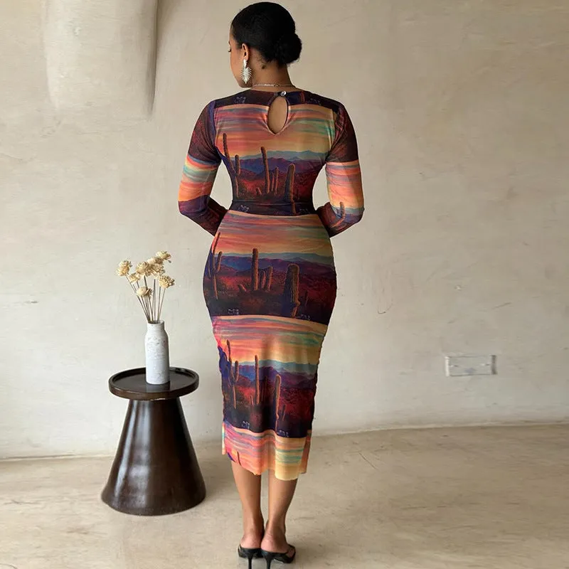 Desert Sunset Long Sleeve Printed Slim Bodycon Dress