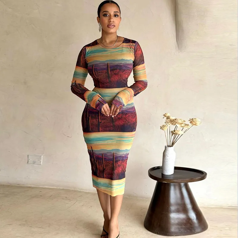 Desert Sunset Long Sleeve Printed Slim Bodycon Dress