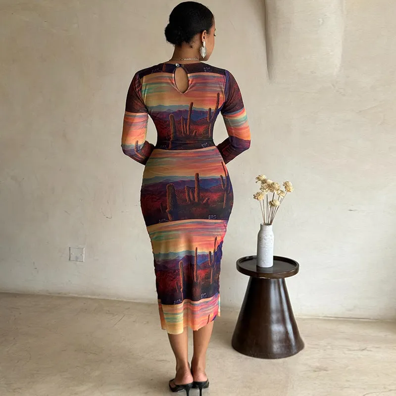 Desert Sunset Long Sleeve Printed Slim Bodycon Dress