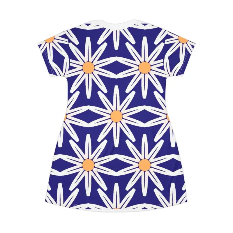 Effortless t Shirt Dress with White Flowers on Blue