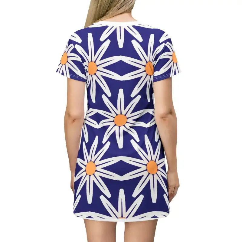 Effortless t Shirt Dress with White Flowers on Blue