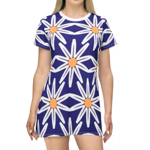 Effortless t Shirt Dress with White Flowers on Blue