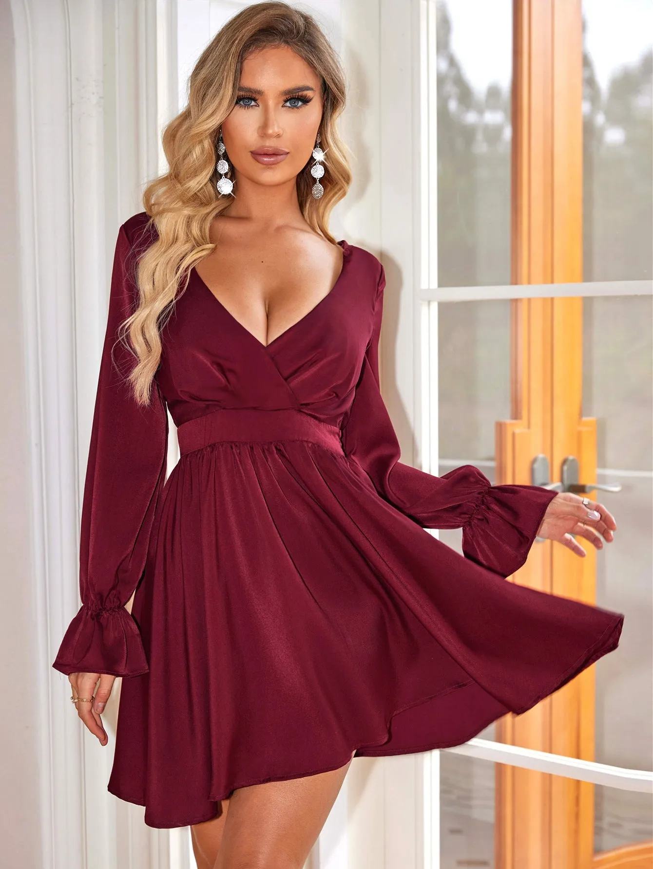 Elegant Deep V-Neck Long Sleeve Fit-and-Flare Dress