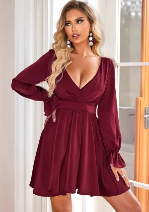 Elegant Deep V-Neck Long Sleeve Fit-and-Flare Dress
