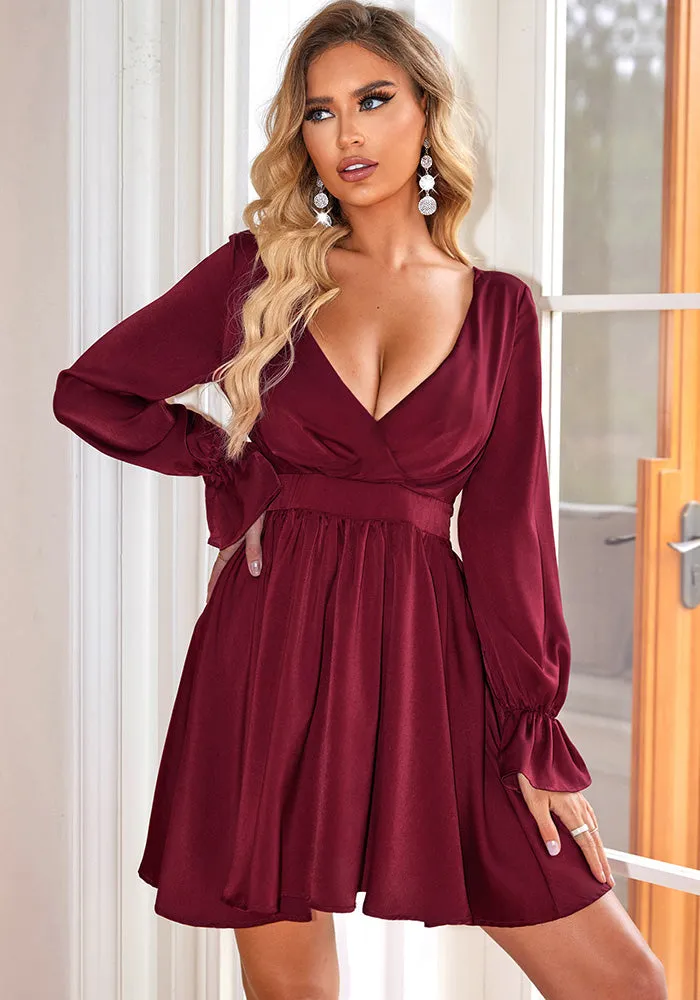 Elegant Deep V-Neck Long Sleeve Fit-and-Flare Dress