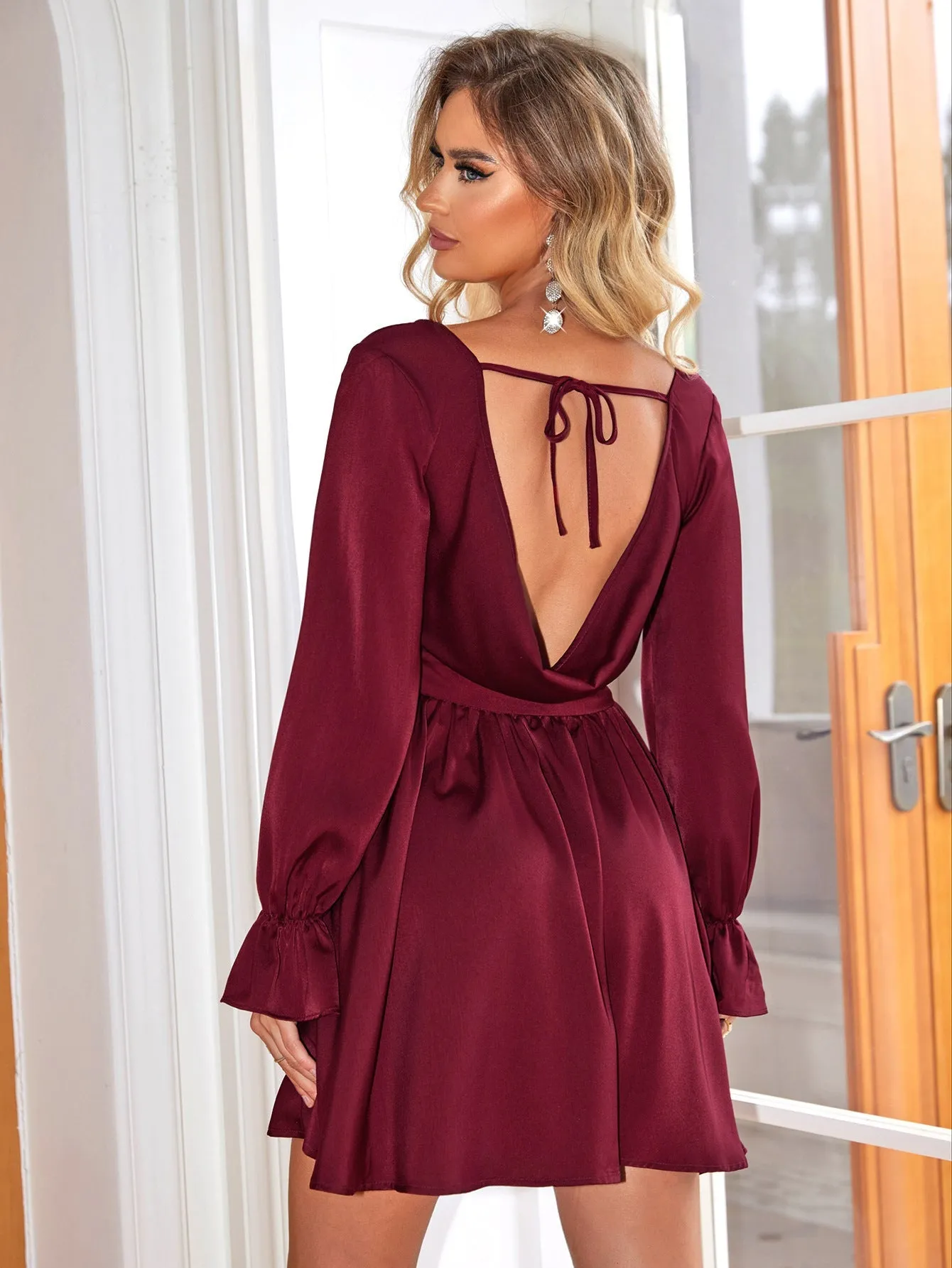 Elegant Deep V-Neck Long Sleeve Fit-and-Flare Dress
