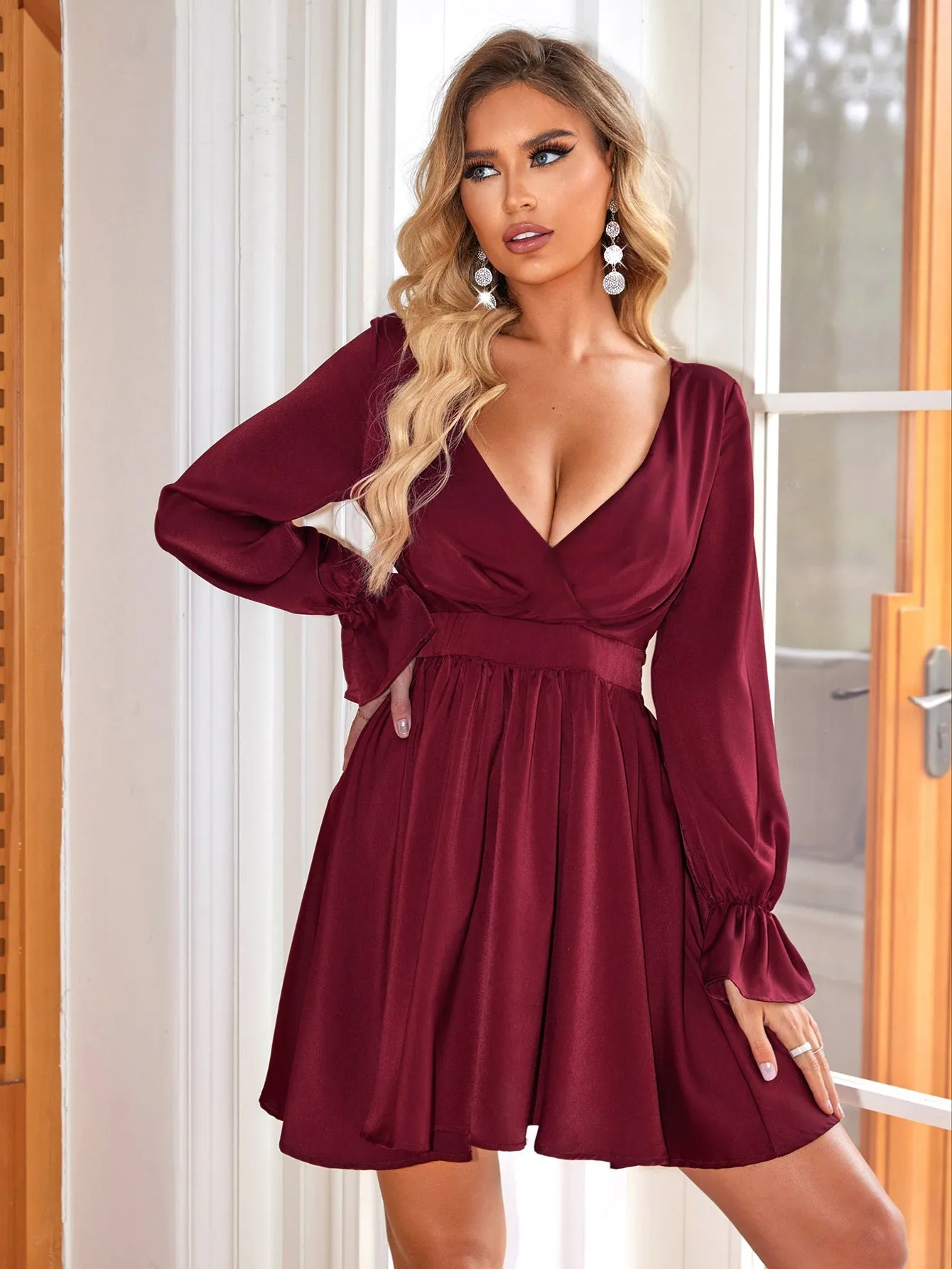 Elegant Deep V-Neck Long Sleeve Fit-and-Flare Dress