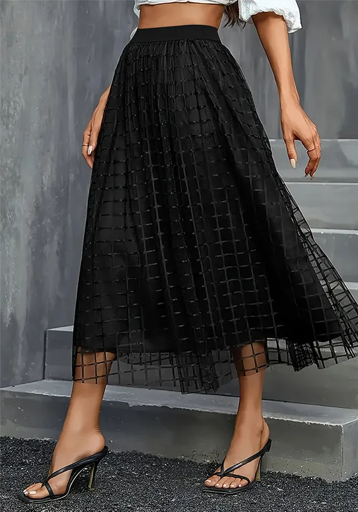 Elegant High-Waisted A-Line Mesh Skirt with Plaid Overlay
