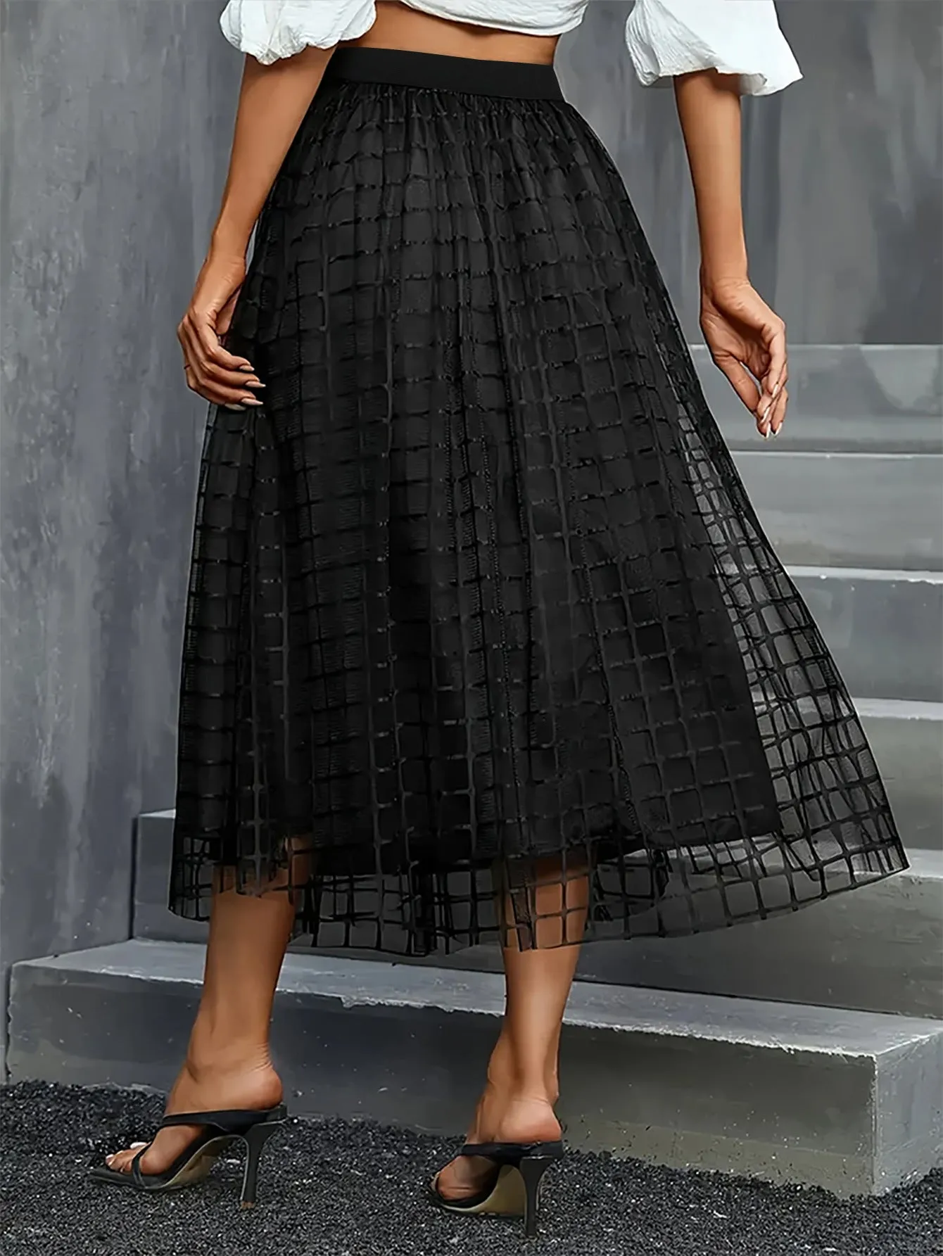 Elegant High-Waisted A-Line Mesh Skirt with Plaid Overlay