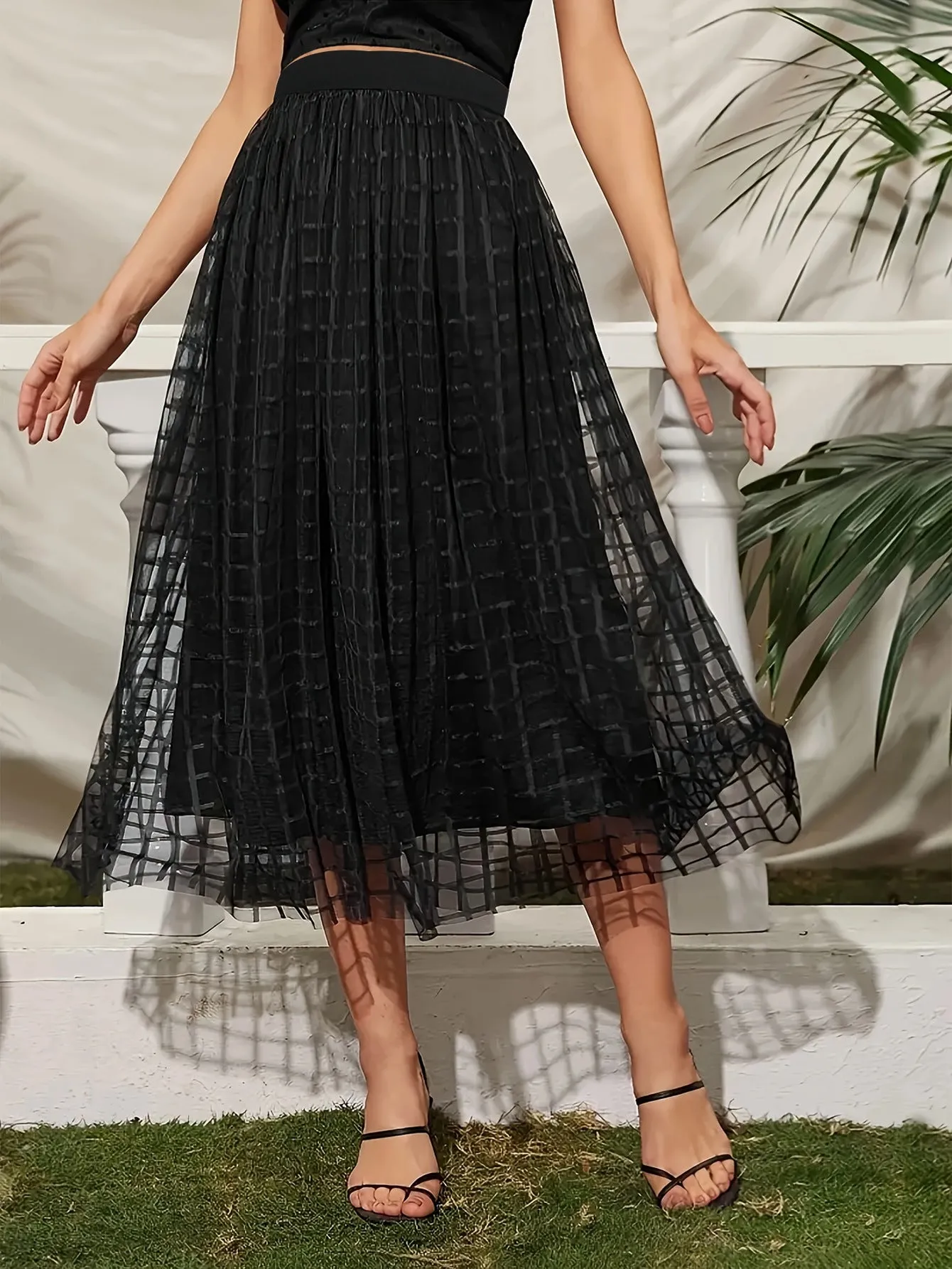 Elegant High-Waisted A-Line Mesh Skirt with Plaid Overlay