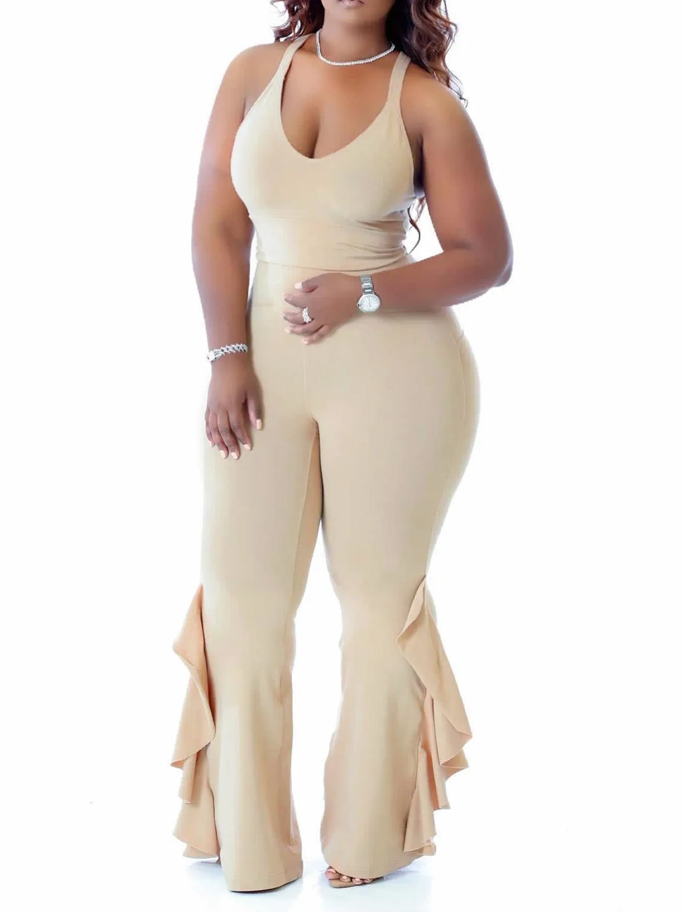 Elegant Pleated Jumpsuit with Flared Hem for Curvy Women