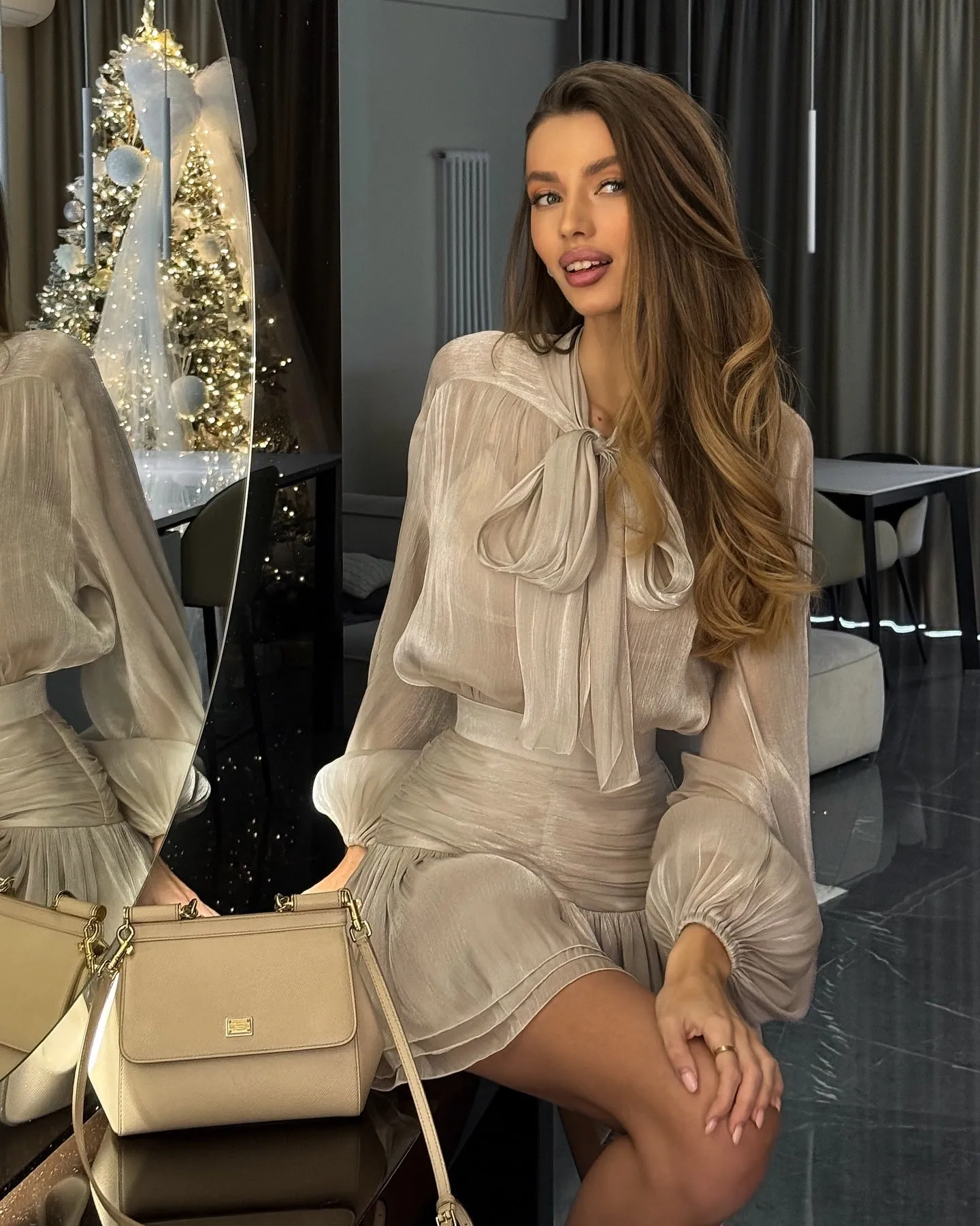 Elegant Sheer Bow-Tie Blouse and Pleated Skirt Two-Piece Set