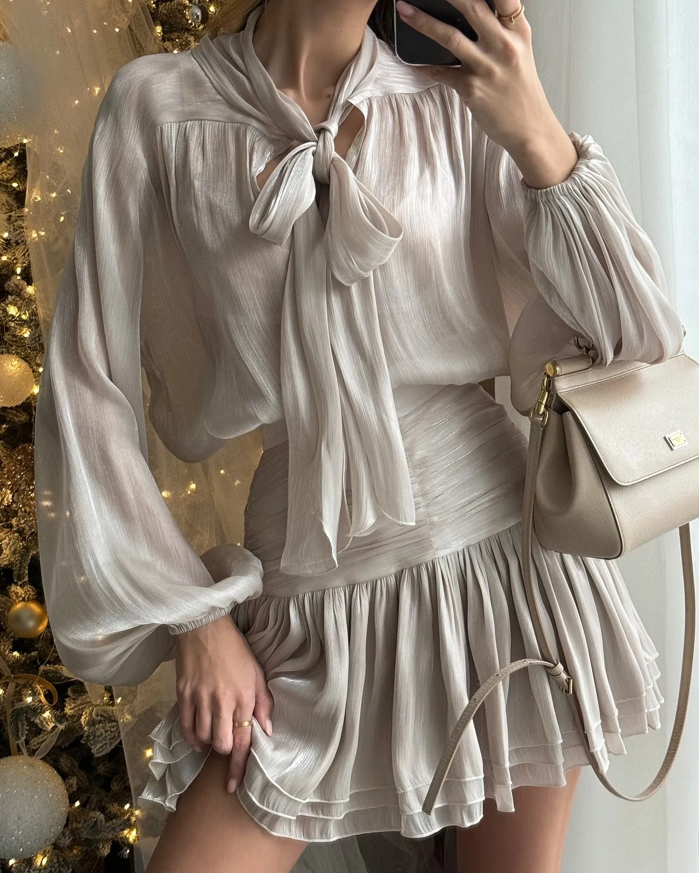 Elegant Sheer Bow-Tie Blouse and Pleated Skirt Two-Piece Set