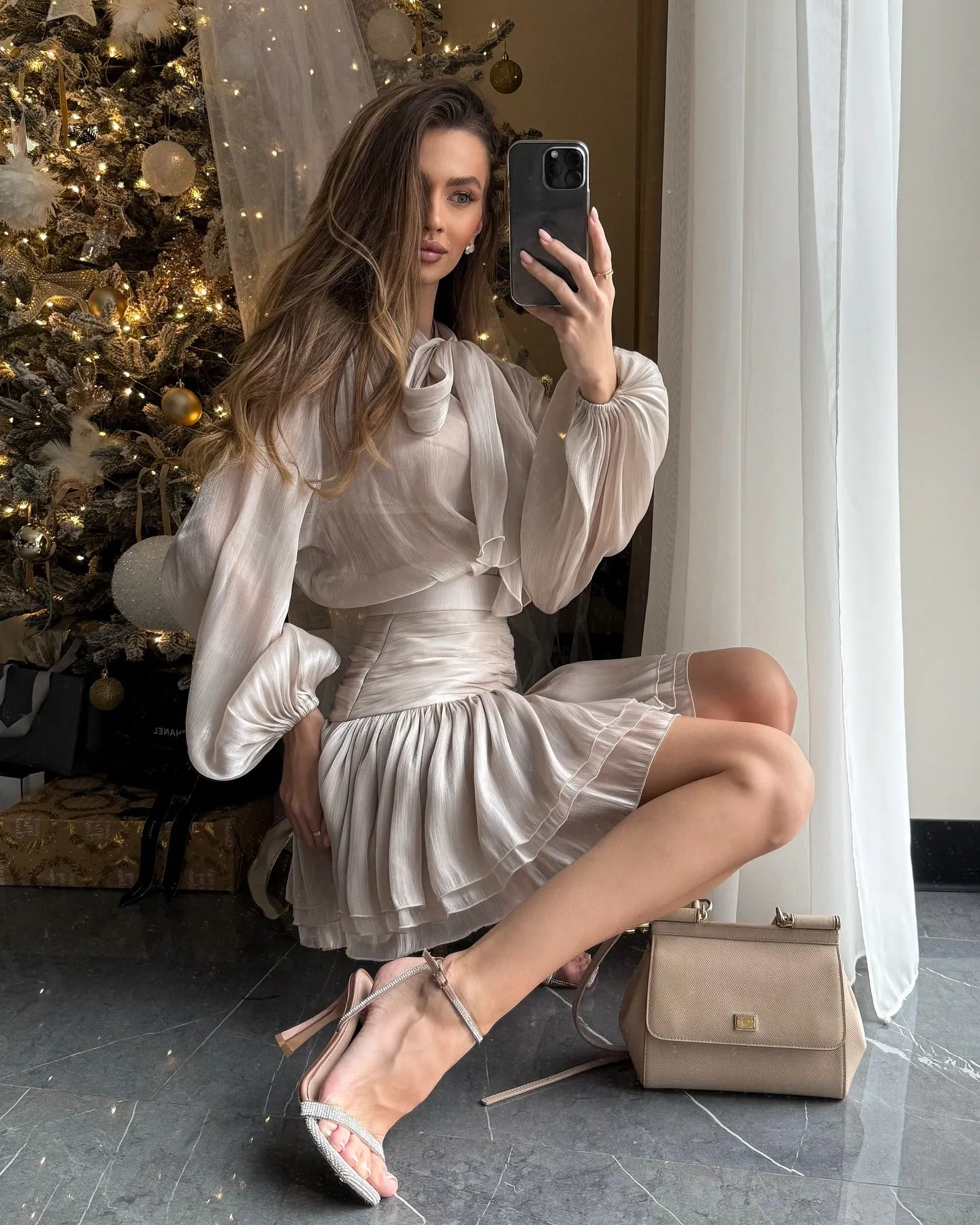 Elegant Sheer Bow-Tie Blouse and Pleated Skirt Two-Piece Set